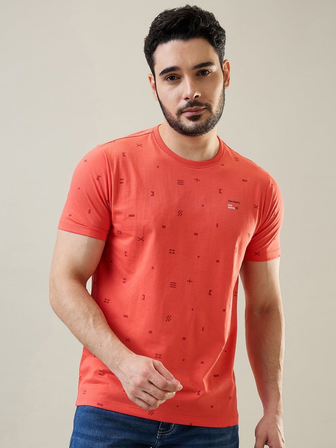 

TIM PARIS Men Geometric Printed Round Neck Cotton T-shirt, Coral
