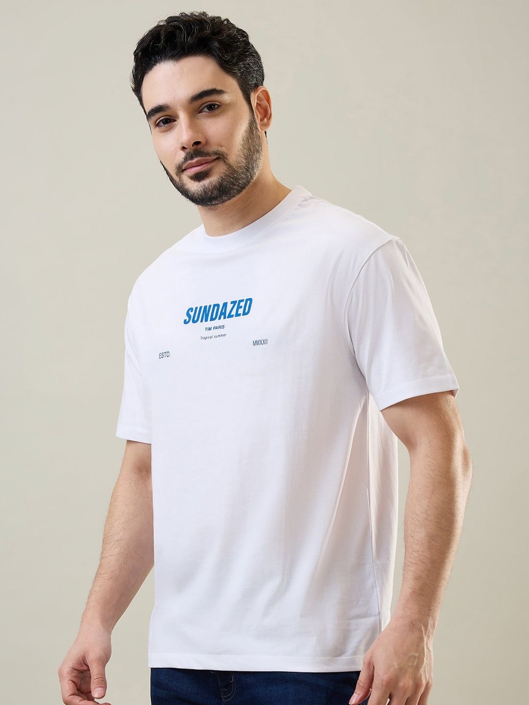 

TIM PARIS Men Typography Printed Round Neck Cotton T-shirt, White