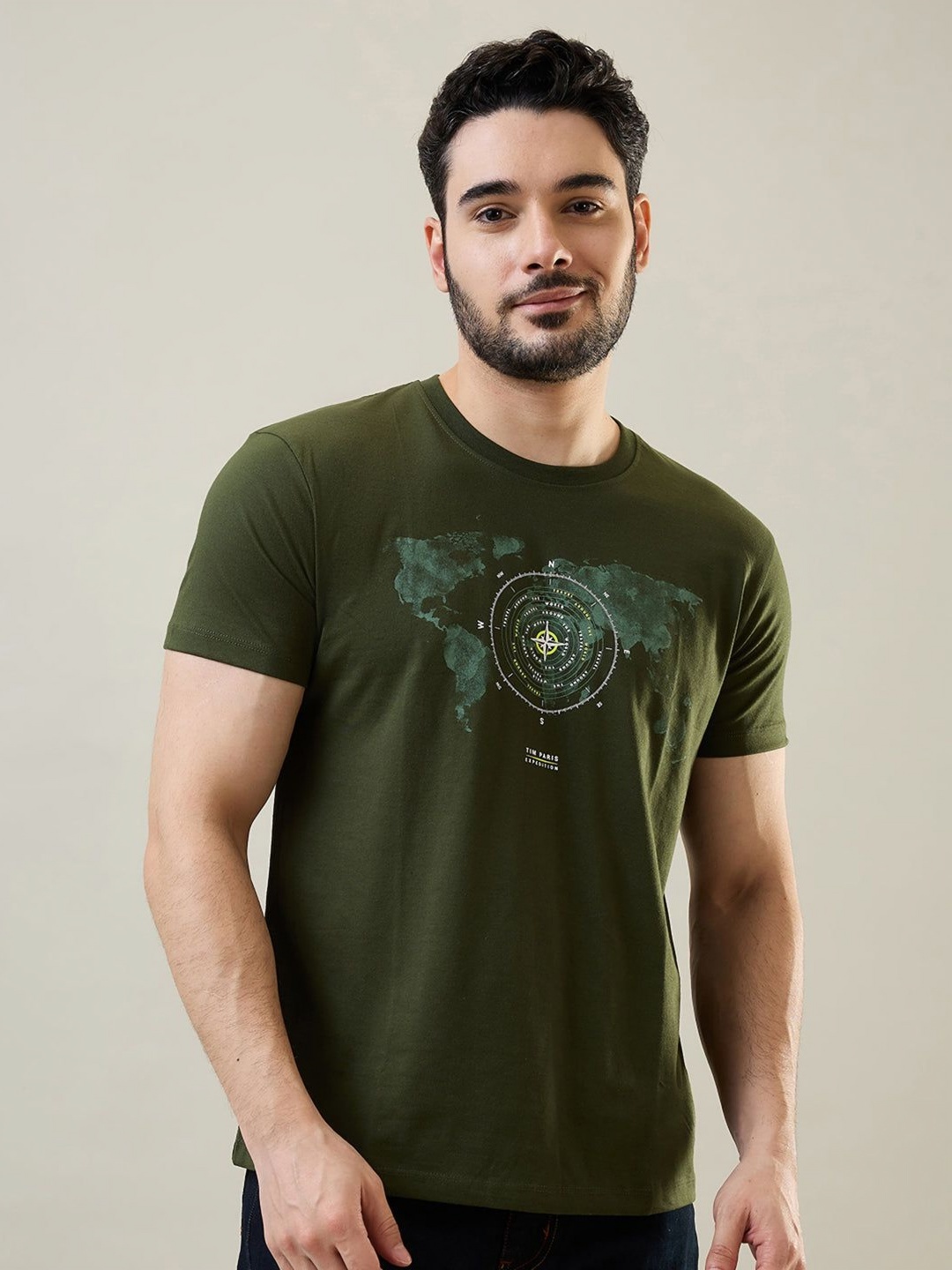 

TIM PARIS Men Graphic Printed Round Neck Cotton T-shirt, Olive