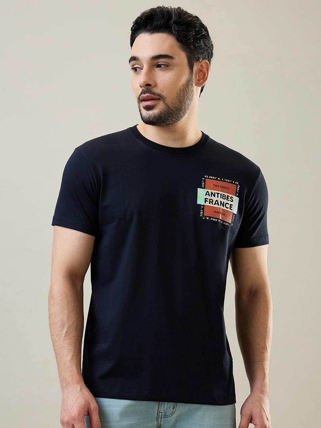 

TIM PARIS Men Typography Printed Round Neck Cotton T-shirt, Black