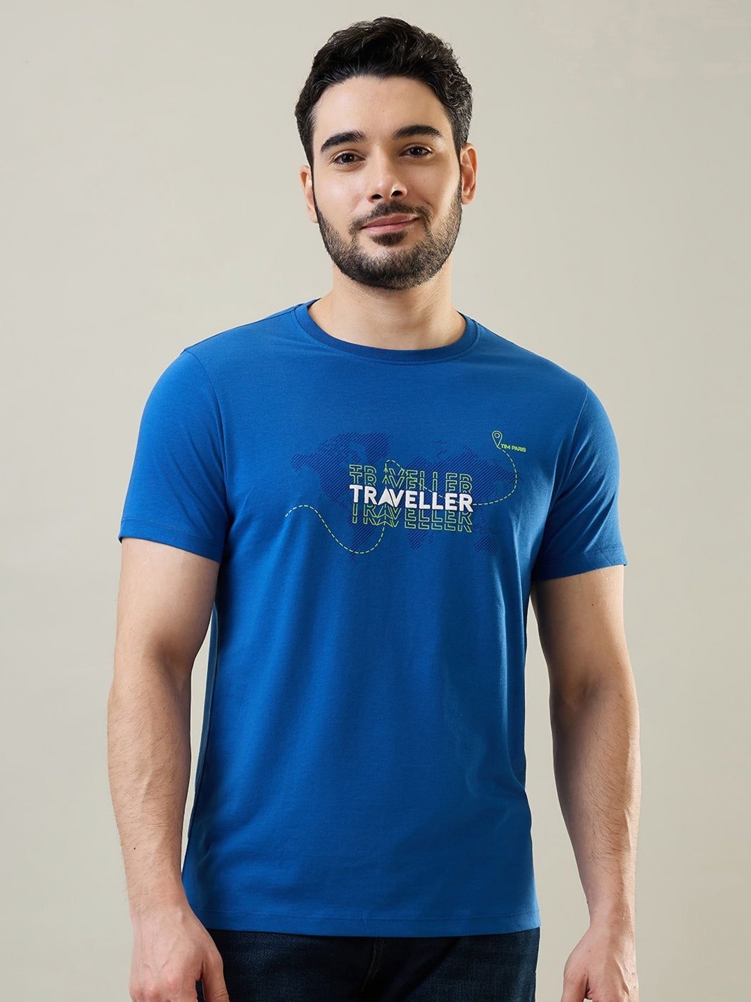 

TIM PARIS Men Typography Printed Round Neck Cotton T-shirt, Blue