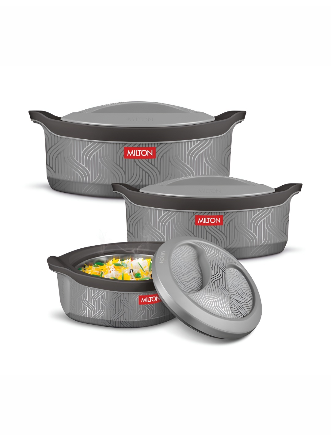 

Milton Evoke Jr. Gift Set of 3 PU Insulated Inner Stainless Steel Casserole, Grey