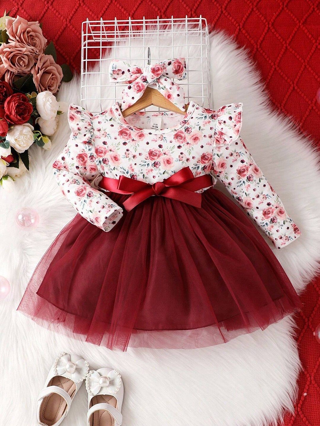 

Miss & Chief Girls Floral Print Net Fit And Flare Dress With Bow, Maroon