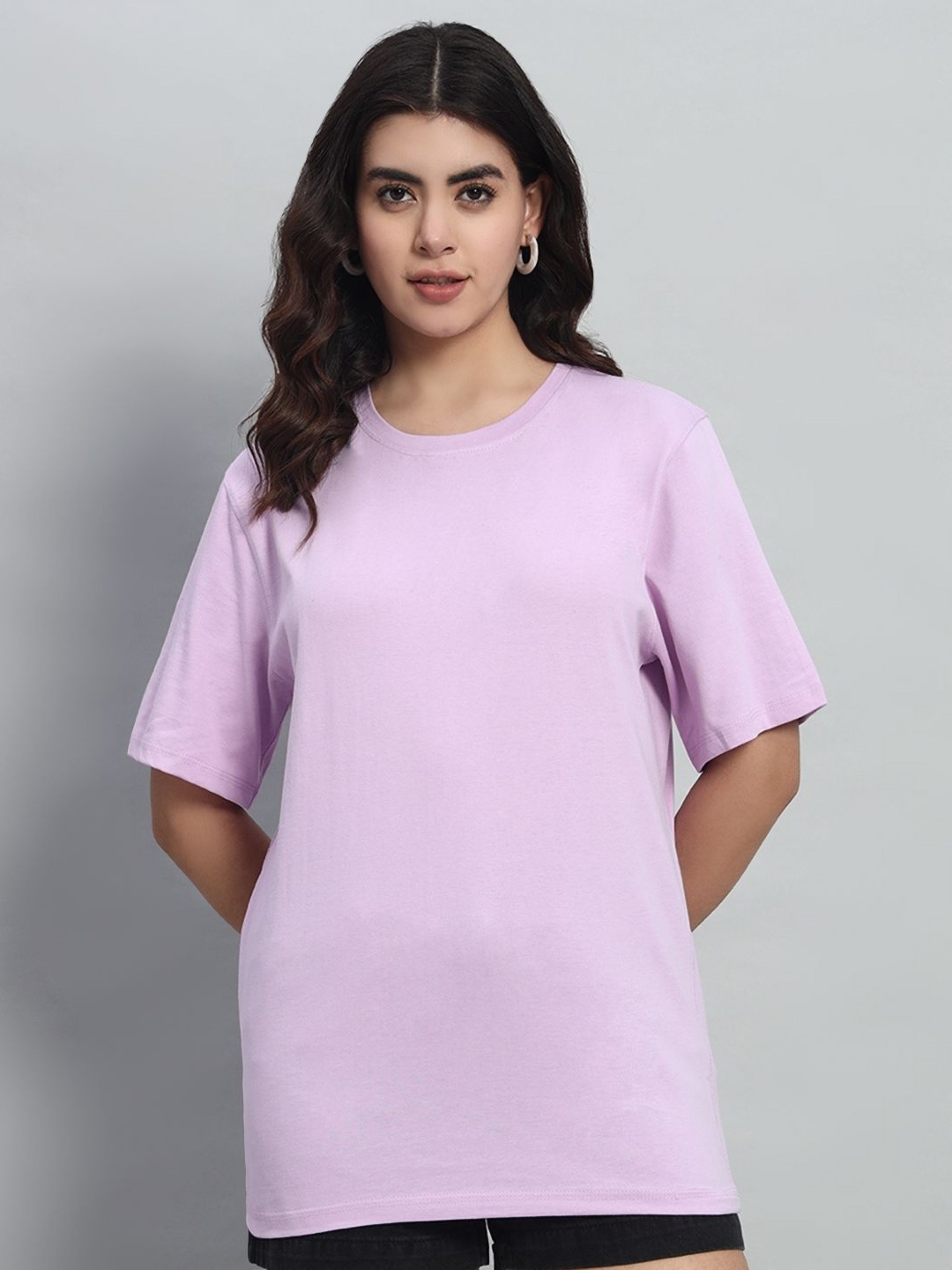 

N1F FASHION Women Solid Round Neck Cotton Oversized T-shirt, Lavender