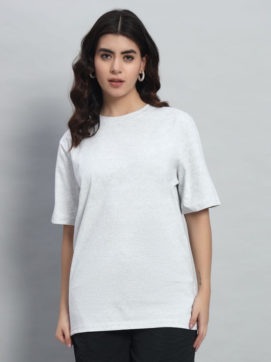 

N1F FASHION Women Solid Round Neck Cotton Oversized T-shirt, Grey