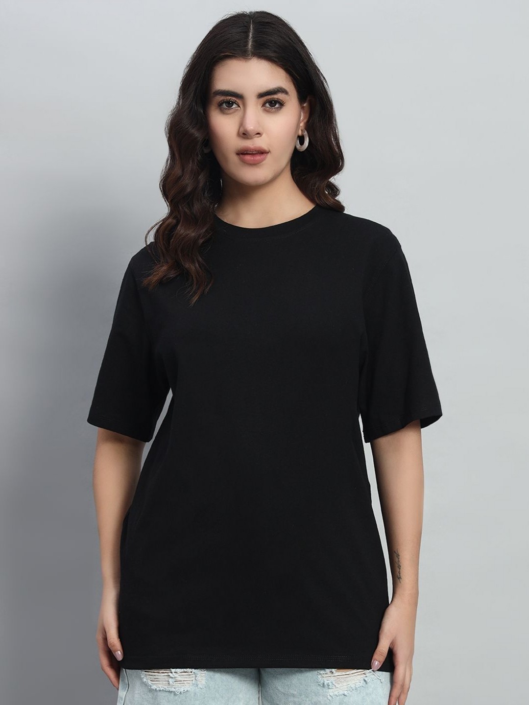 

N1F FASHION Women Solid Round Neck Cotton Relaxed Fit T-shirt, Black