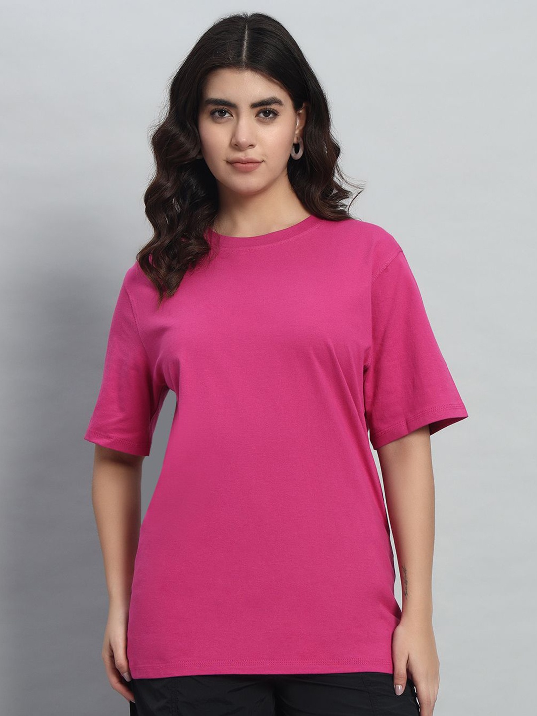 

N1F FASHION Women Solid Round Neck Cotton Oversized T-shirt, Pink