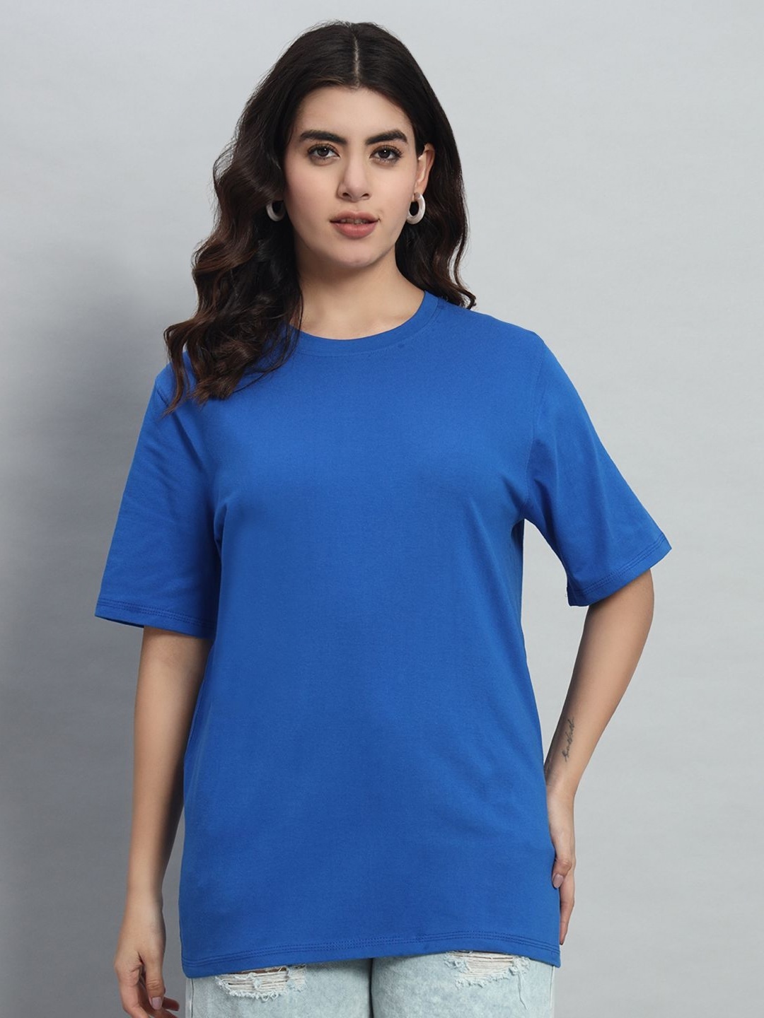 

N1F FASHION Women Solid Round Neck Cotton Oversized T-shirt, Blue