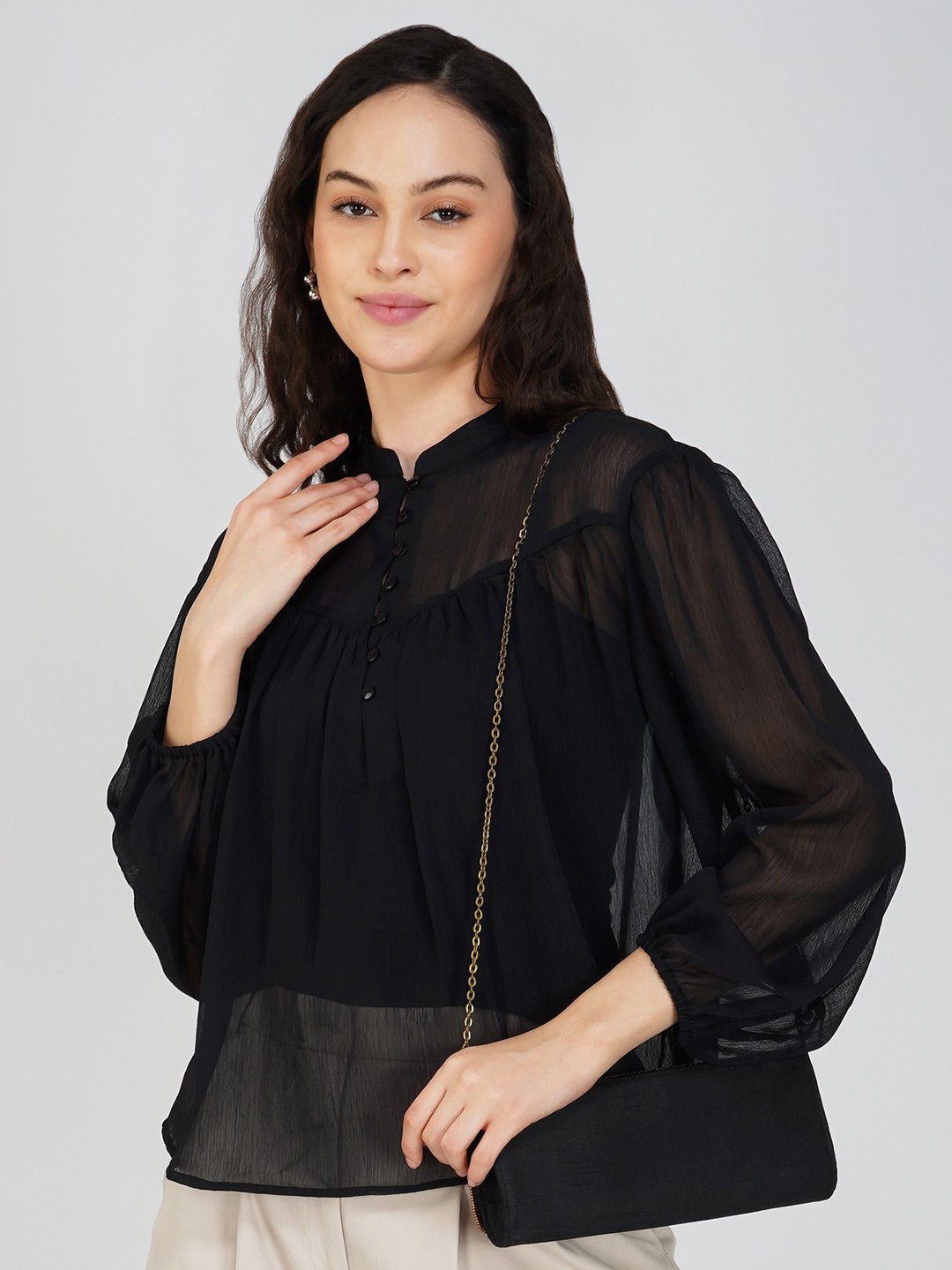 

Avor Lifestyle Women Mandarin Collar Shirt Style Top, Black