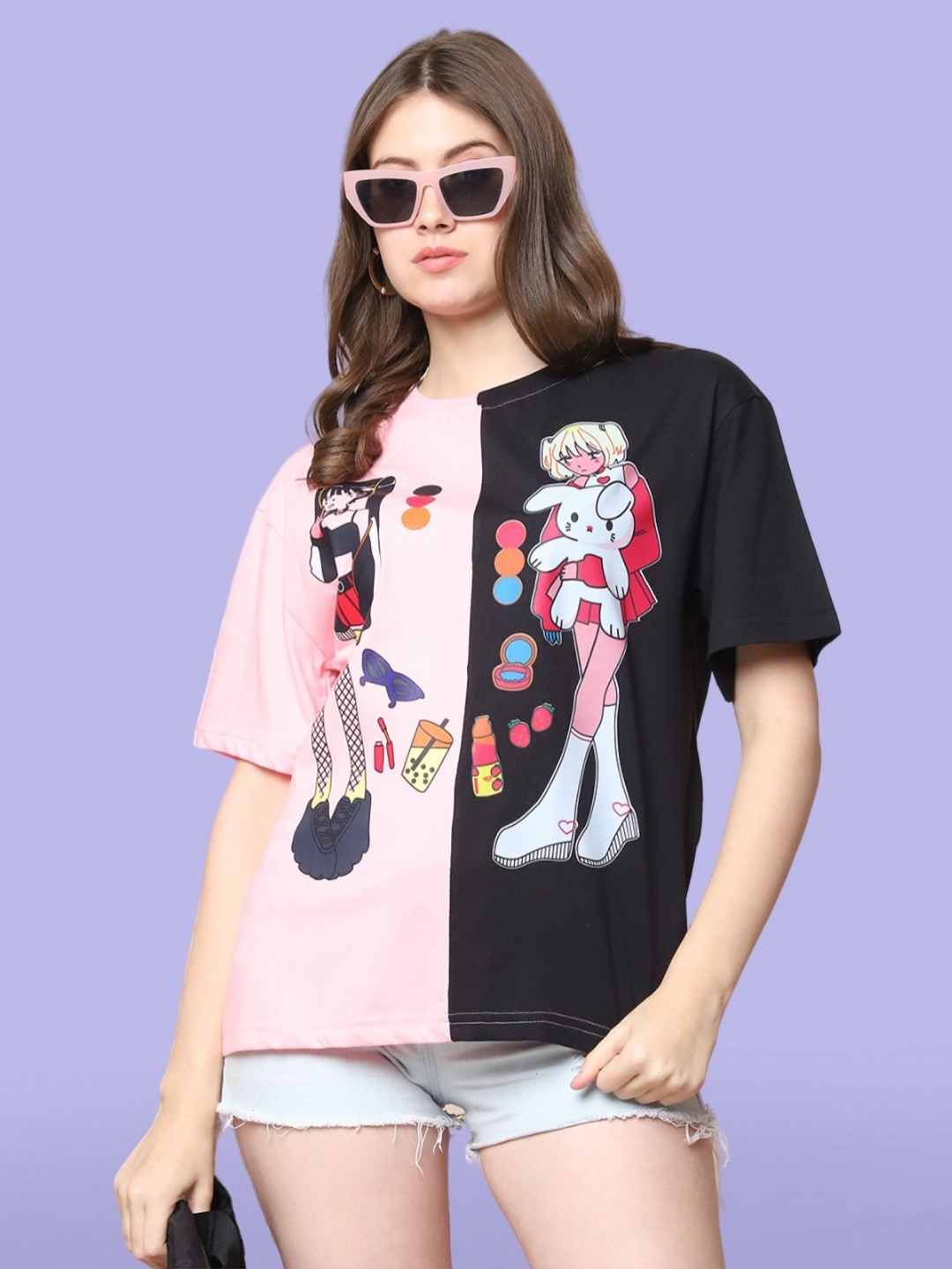 

Mast & Harbour Women Graphic Printed Round Neck Cotton Oversized T-shirt, Pink
