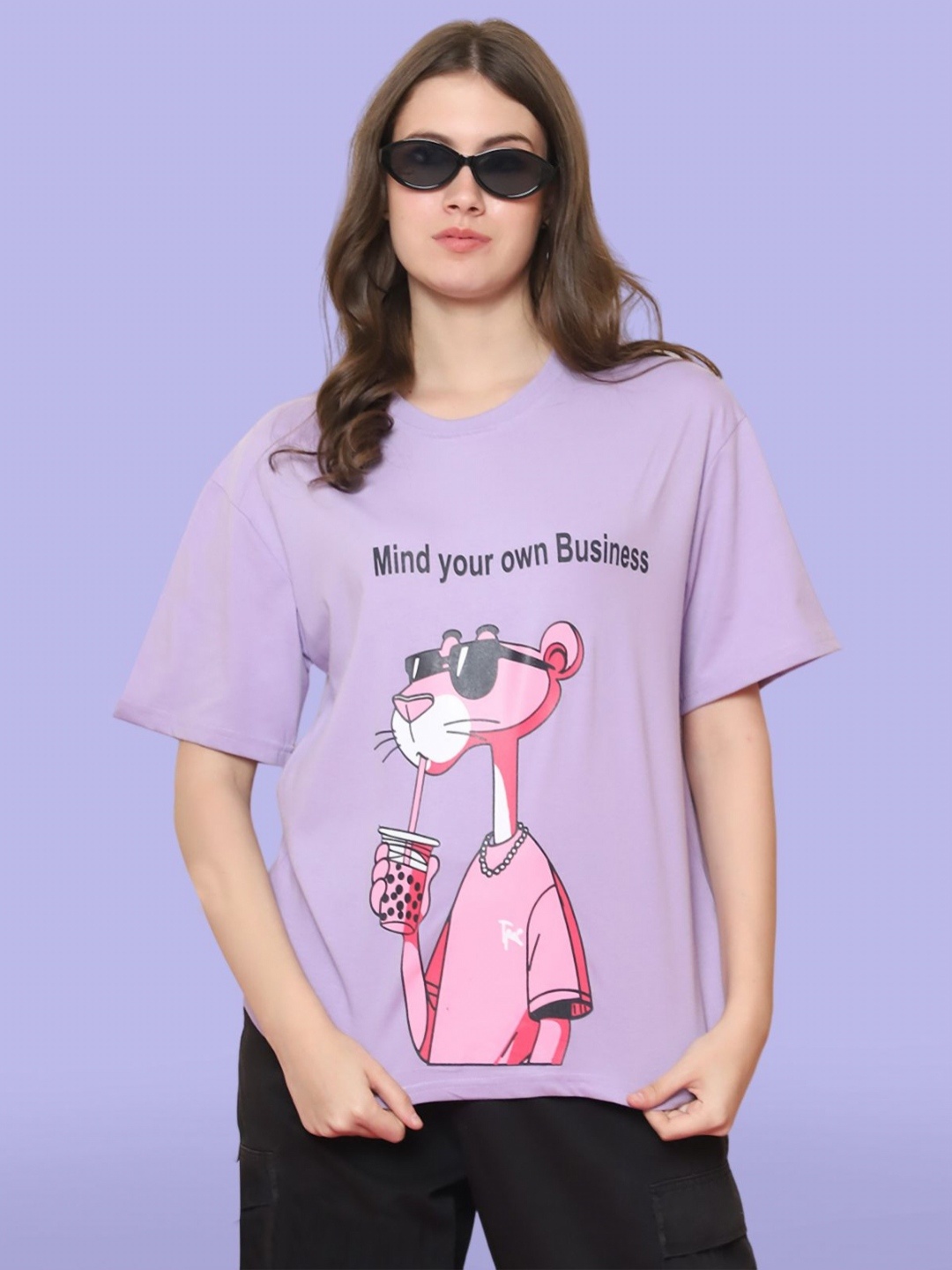

Mast & Harbour Women Graphic Printed Round Neck Cotton Oversized T-shirt, Lavender