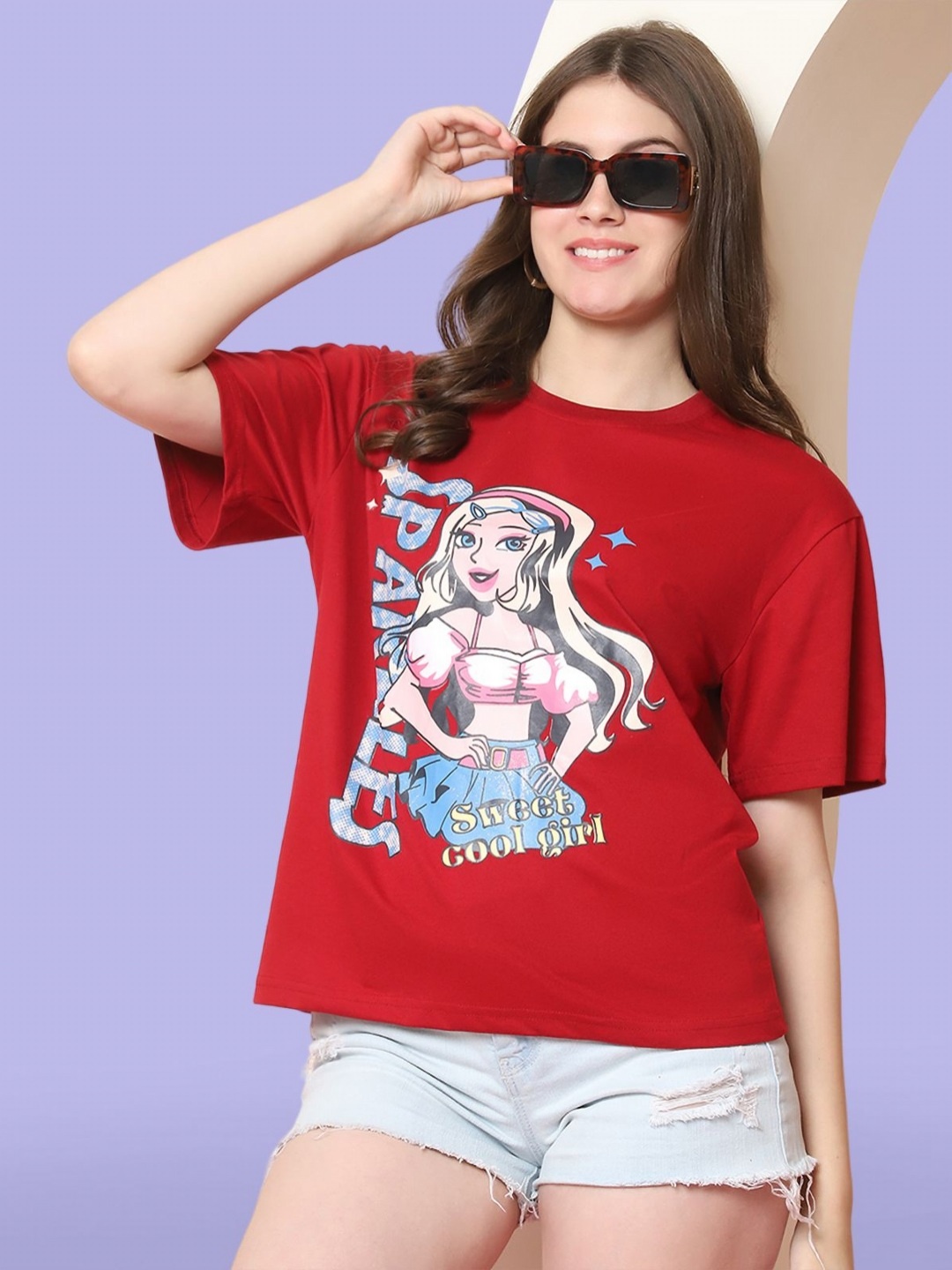 Mast & Harbour Women Graphic Printed Round Neck Cotton Oversized T-shirt, Red
