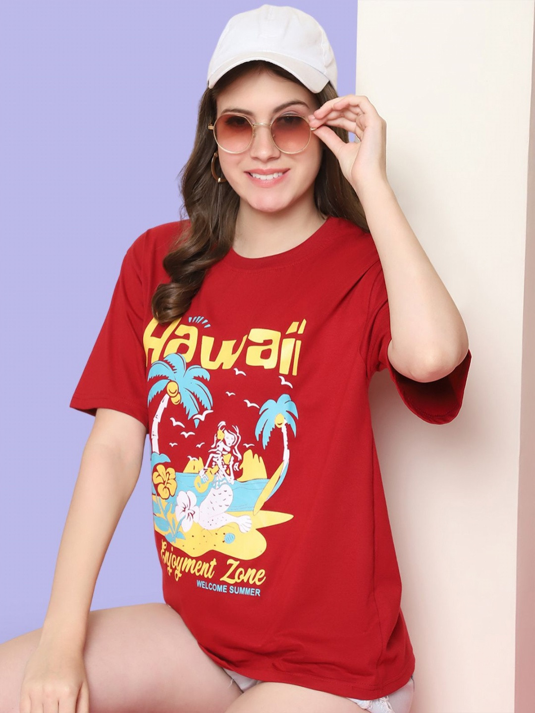 

Mast & Harbour Women Graphic Printed Round Neck Cotton Oversized T-shirt, Red