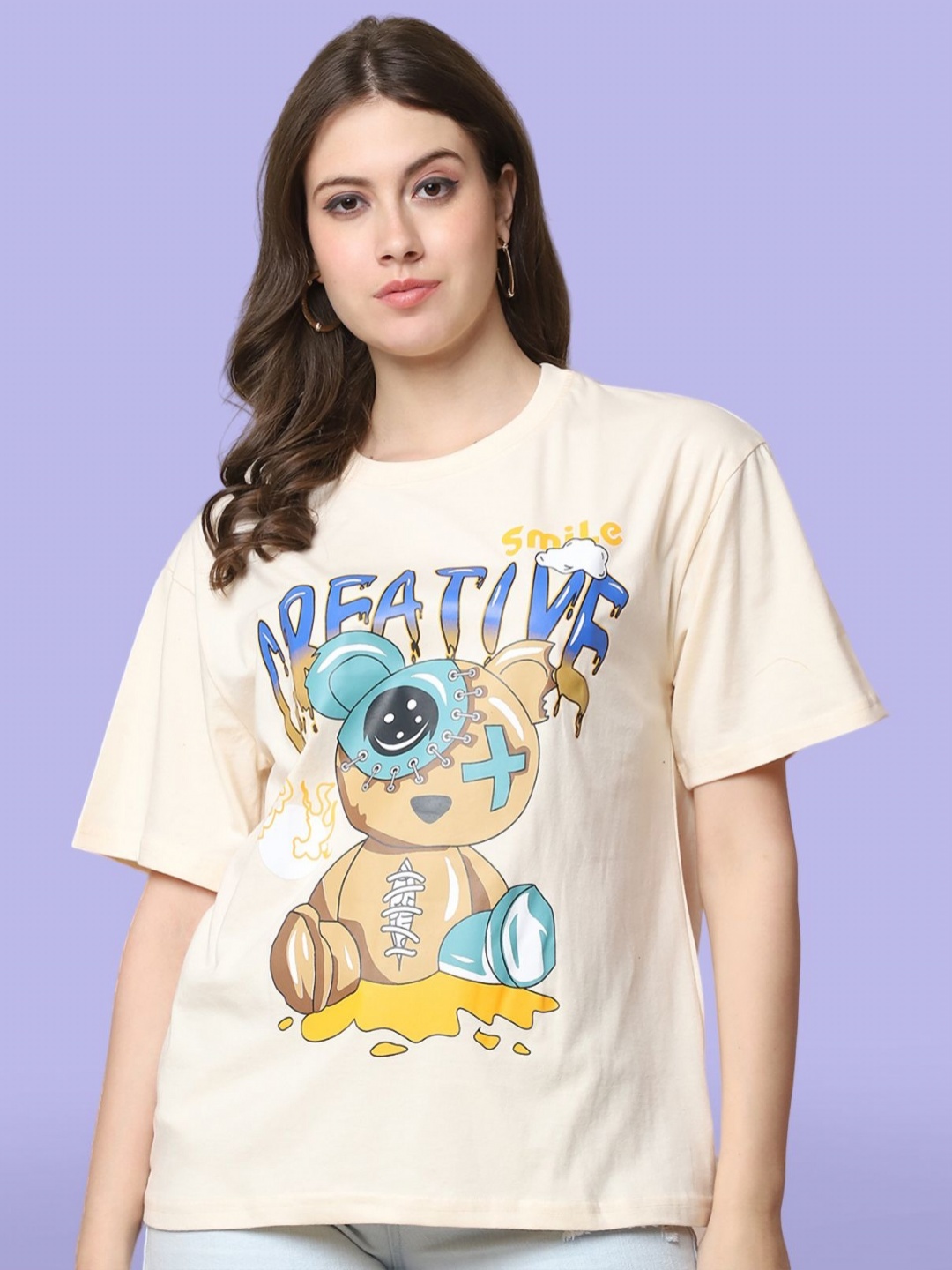 Mast & Harbour Women Graphic Printed Round Neck Cotton Oversized T-shirt, Beige