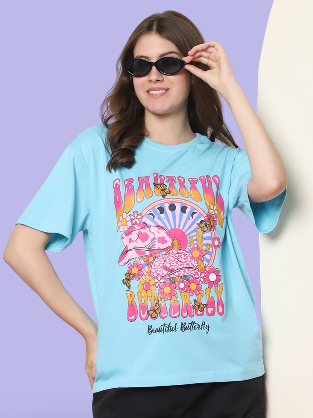 

Mast & Harbour Women Graphic Printed Round Neck Cotton Oversized T-shirt, Blue