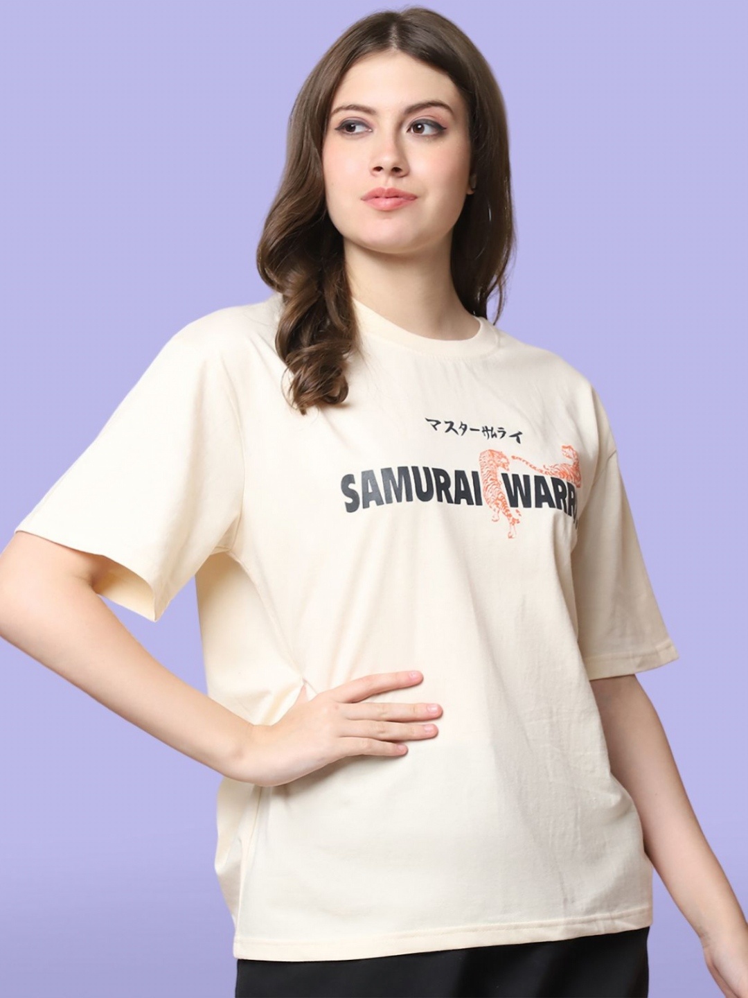 

Mast & Harbour Women Typography Printed Round Neck Cotton Oversized T-shirt, Beige