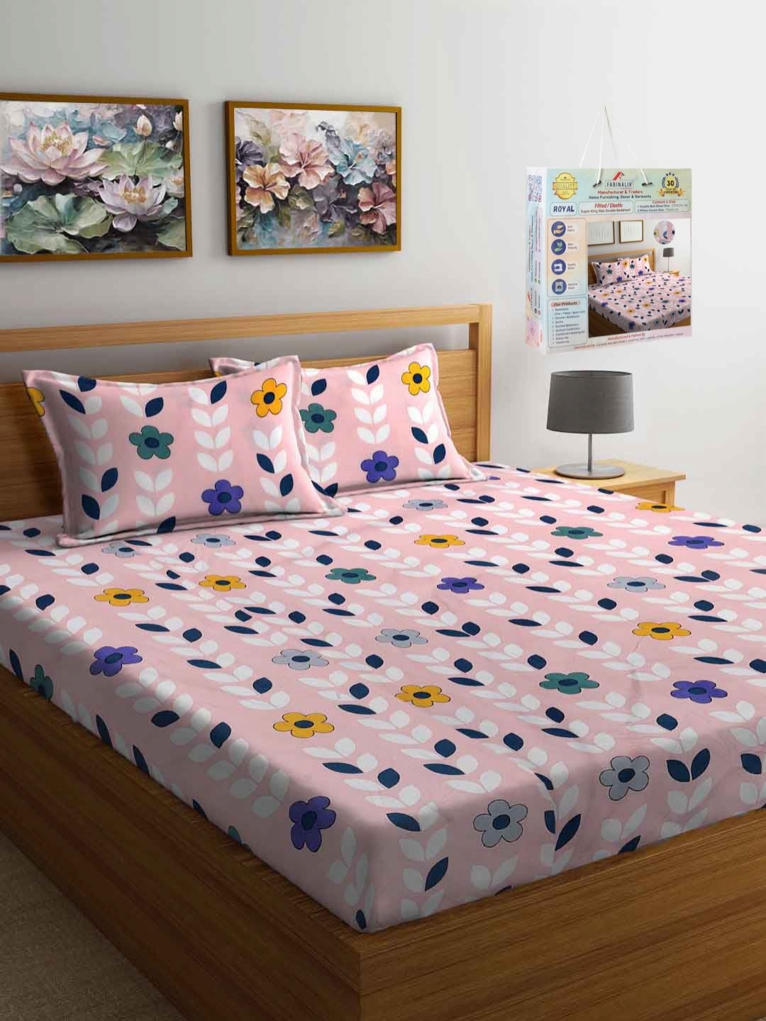 FABINALIV Pink & Blue Printed Woollen 300 TC Fitted King Bedsheet Set 2.7 m x 2.7 m