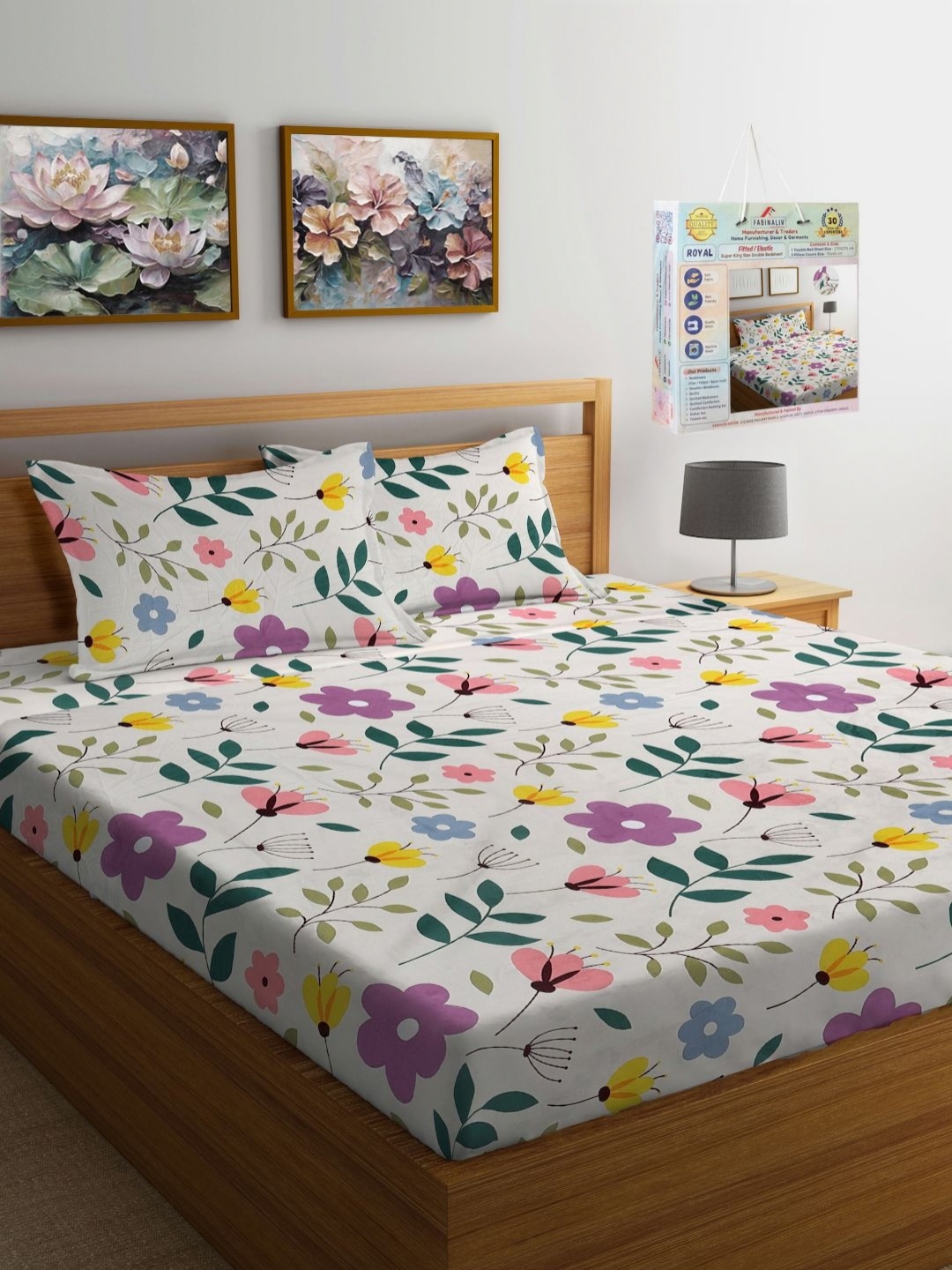 

FABINALIV White Floral Printed Woollen 300 TC Fitted King Bedsheet Set 2.7 m x 2.27 m