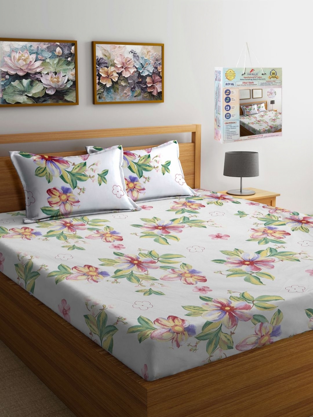 

FABINALIV White Floral Printed Woollen 300 TC Fitted King Bedsheet Set 2.7 m x 2.7 m