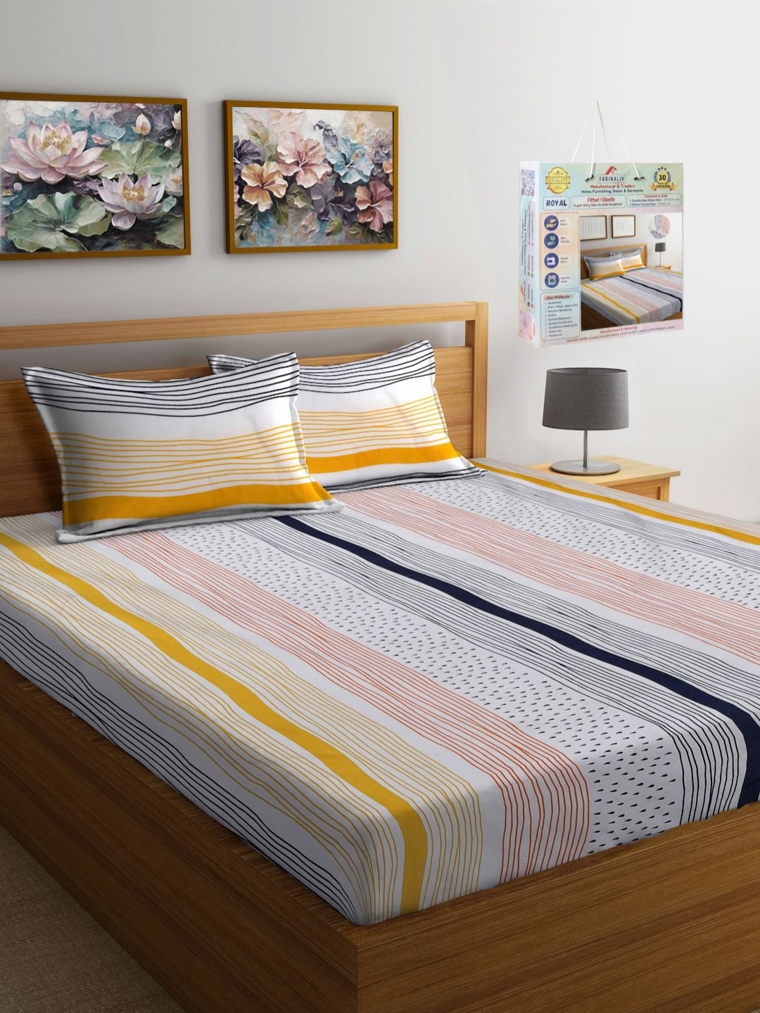 

FABINALIV White & Yellow Striped Woollen 300 TC Fitted King Bedsheet Set 2.7 m x 2.7 m