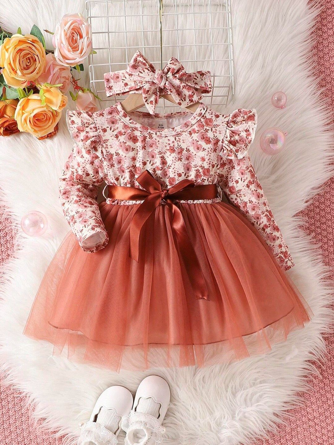 

Miss & Chief Girls Floral Print Net Fit And Flare Dress With Bow, Brown