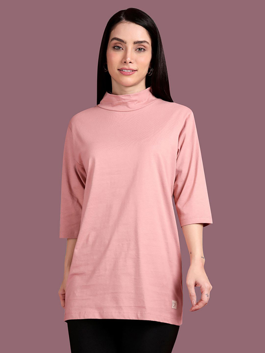 

TWIN BIRDS Women Solid High Neck Cotton Relaxed Fit T-shirt, Peach