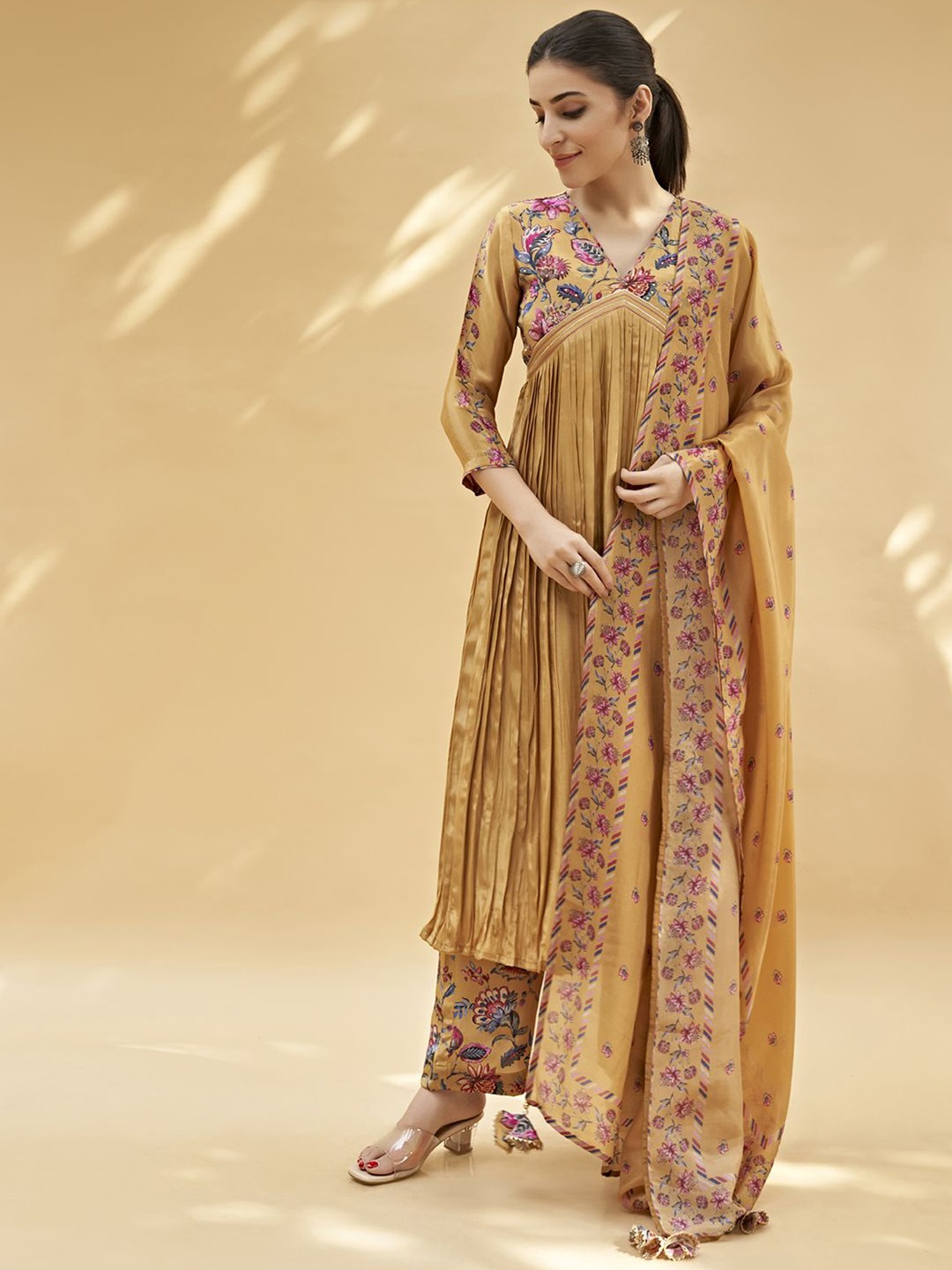 

SUKRUTI DESIGN Floral Printed Sequinned Pleated A-Line Kurta With Trouser & Dupatta, Mustard