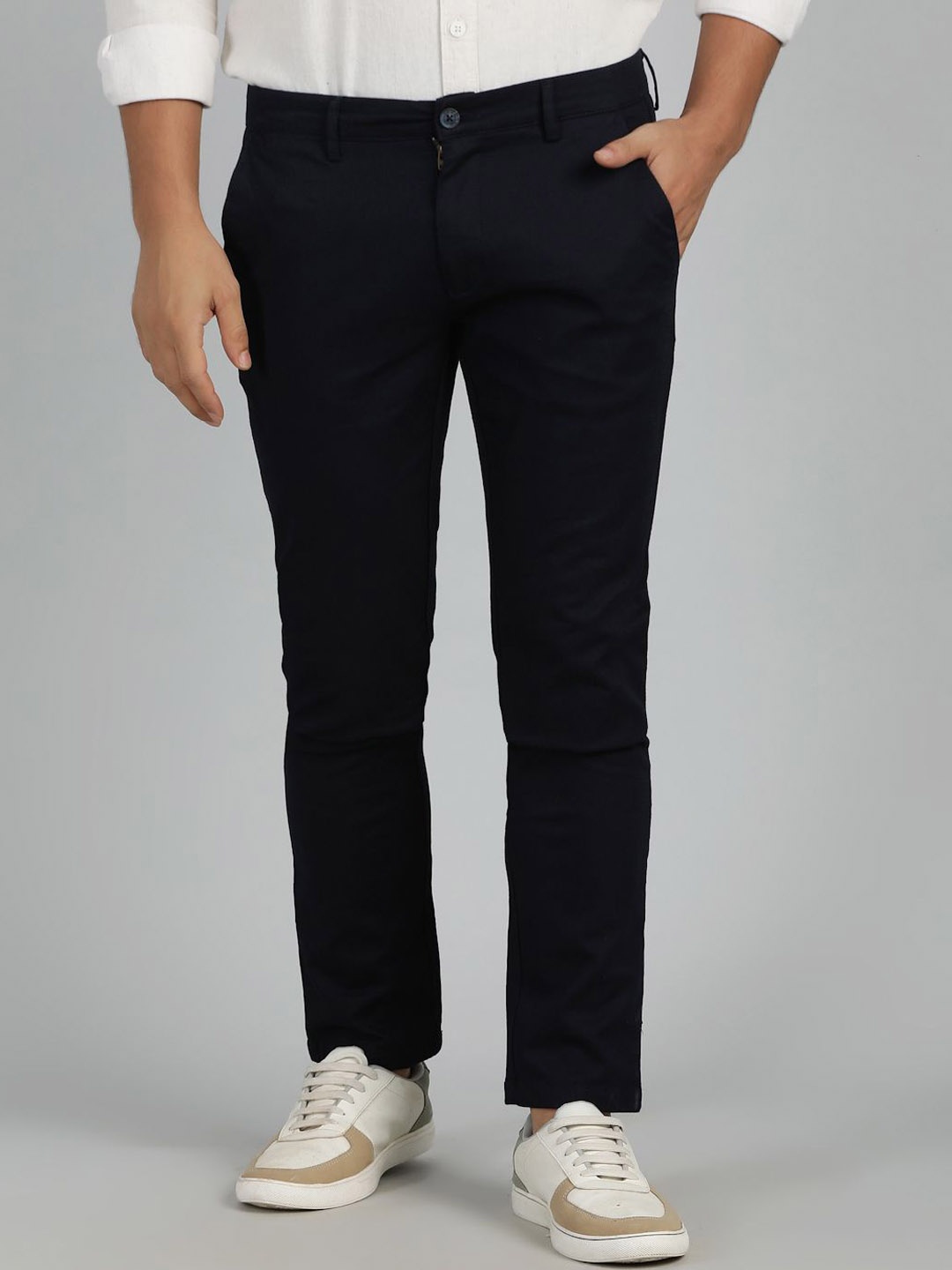 

Greenfibre Men Cotton Slim Fit Mid-Rise Trousers, Navy blue