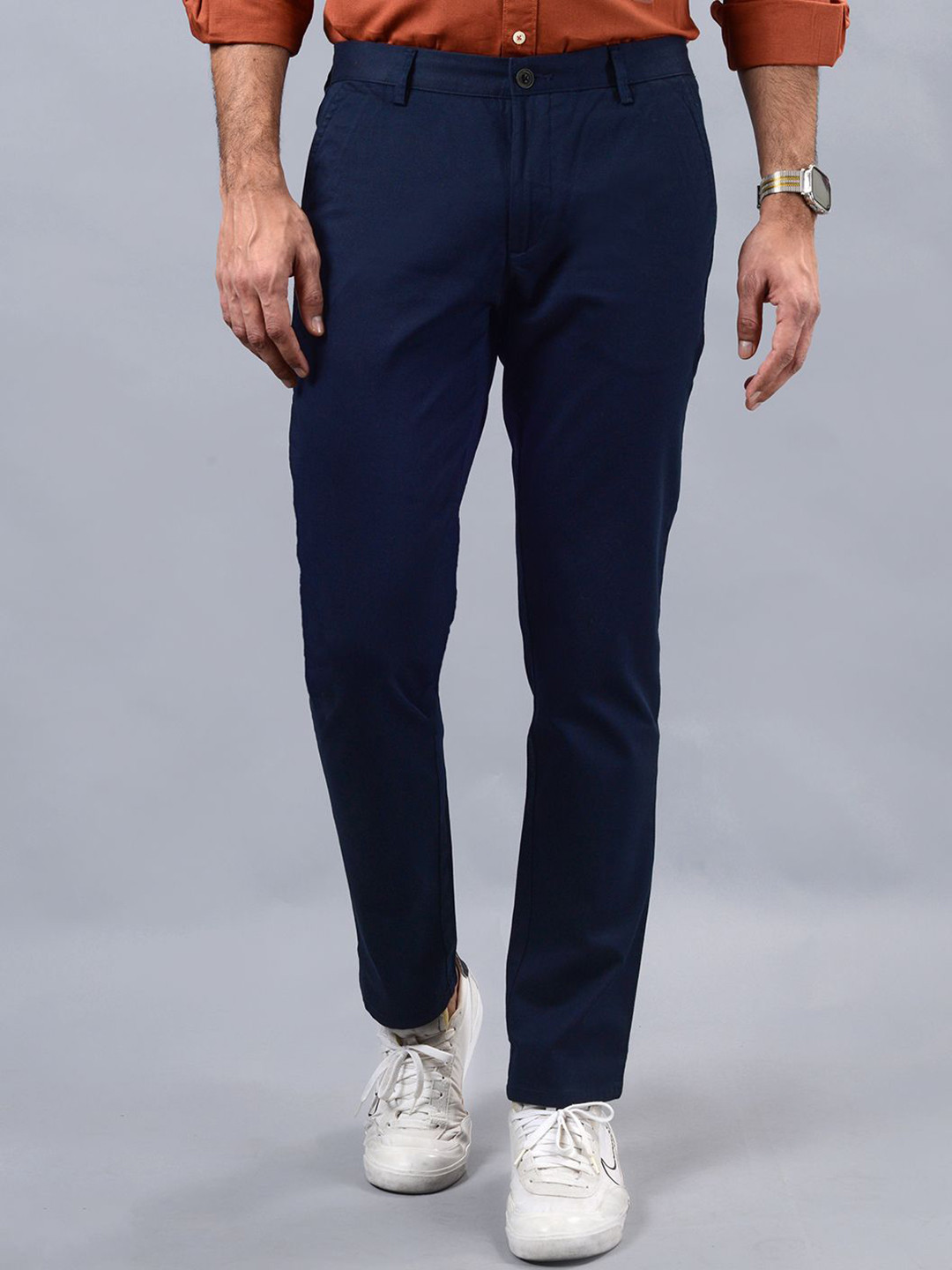 

JADE BLUE Men Slim Fit Cotton Trousers, Navy blue