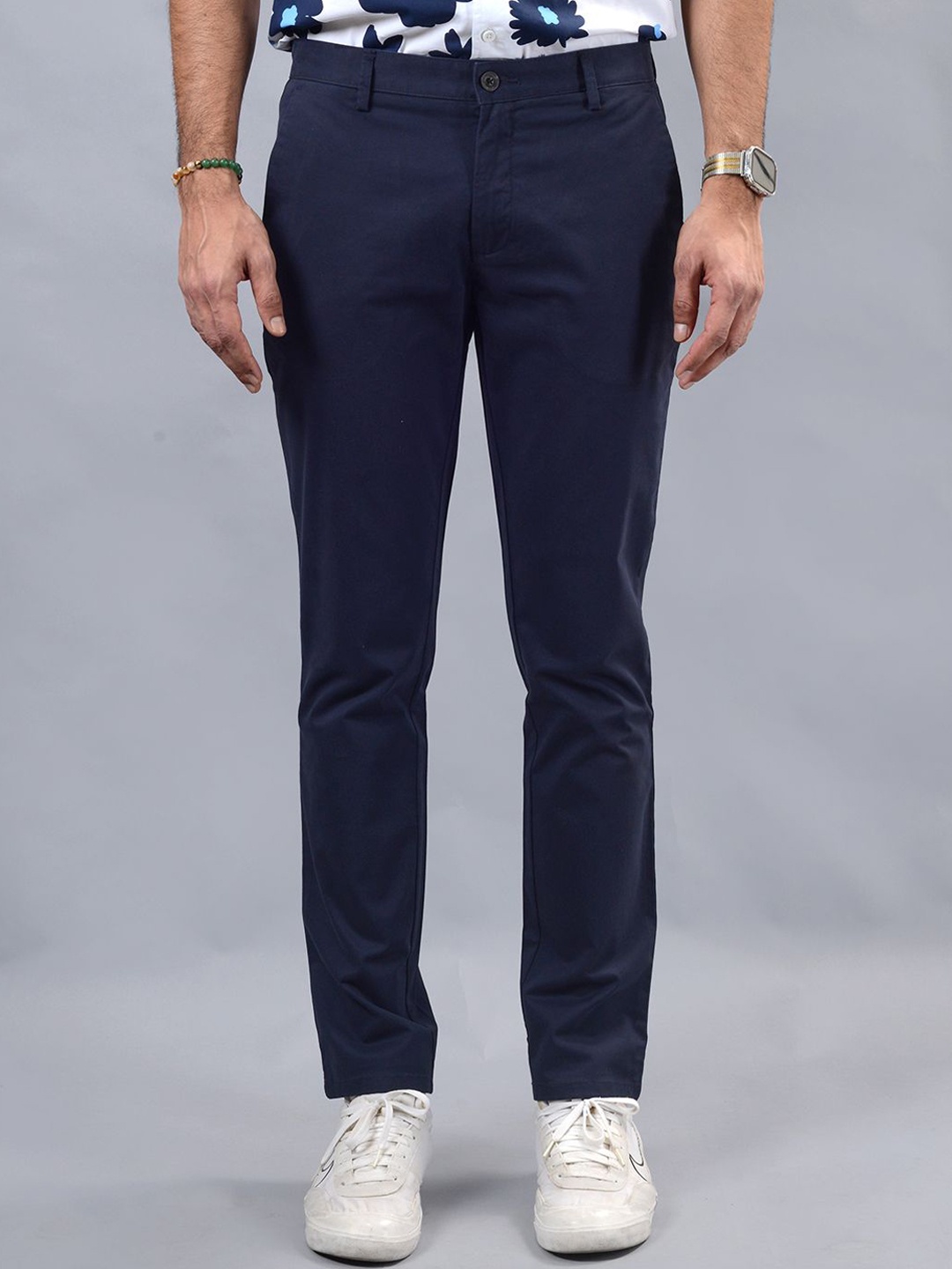 

JADE BLUE Men Slim Fit Cotton Trousers, Navy blue