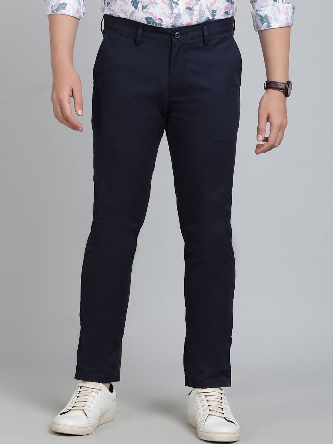 

JADE BLUE Men Slim Fit Cotton Trousers, Navy blue