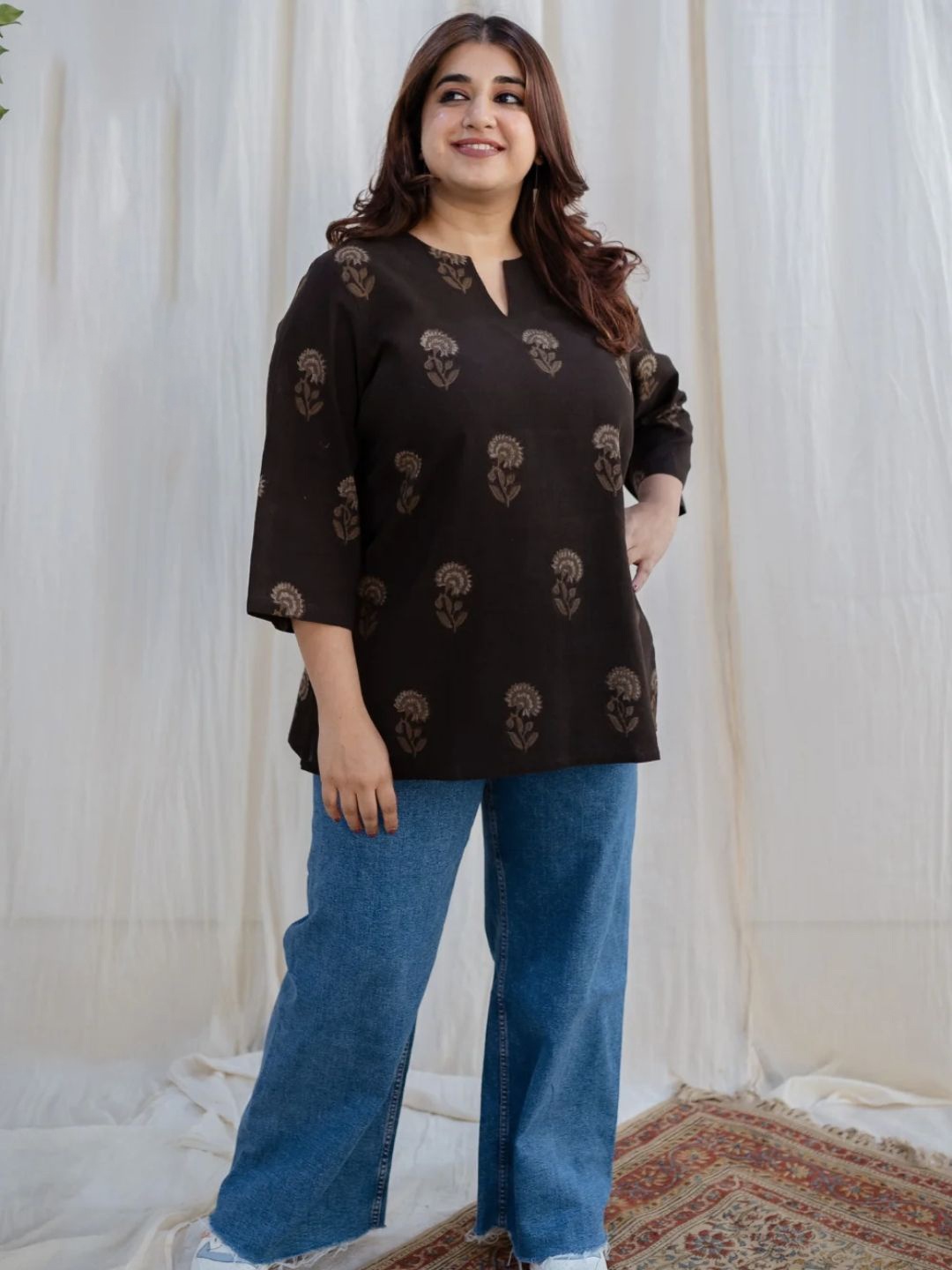 

THE INDIAN ETHNIC CO Floral Printed Block Print Cotton Top, Coffee brown