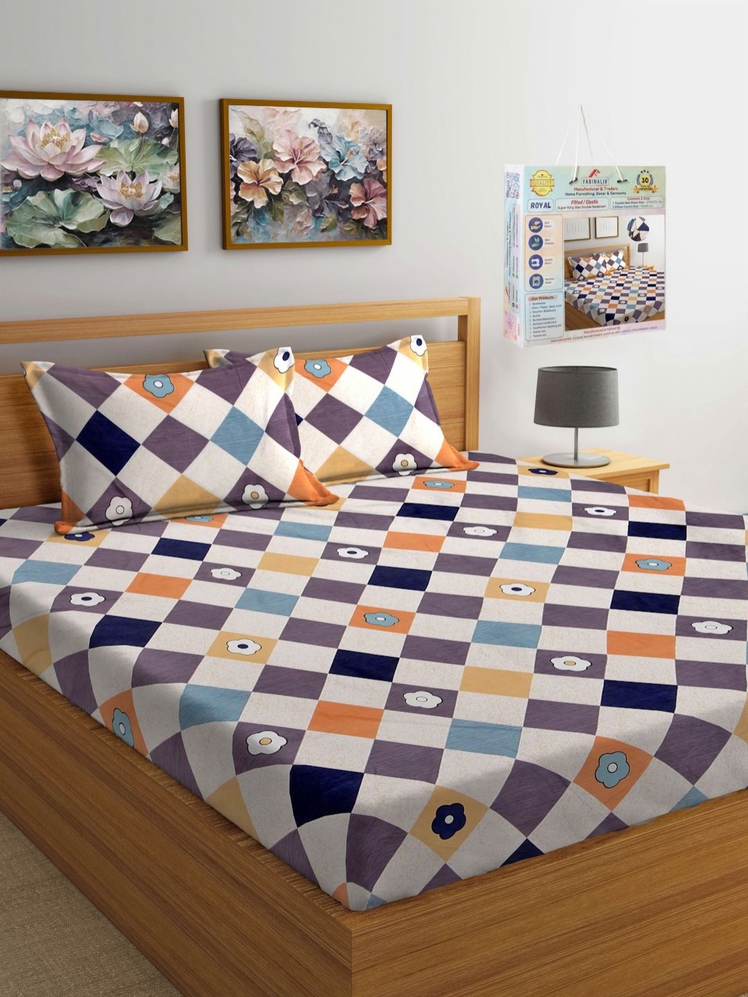 

FABINALIV White & Blue Geometric 300 TC King Bedsheet with 2 Pillow Covers