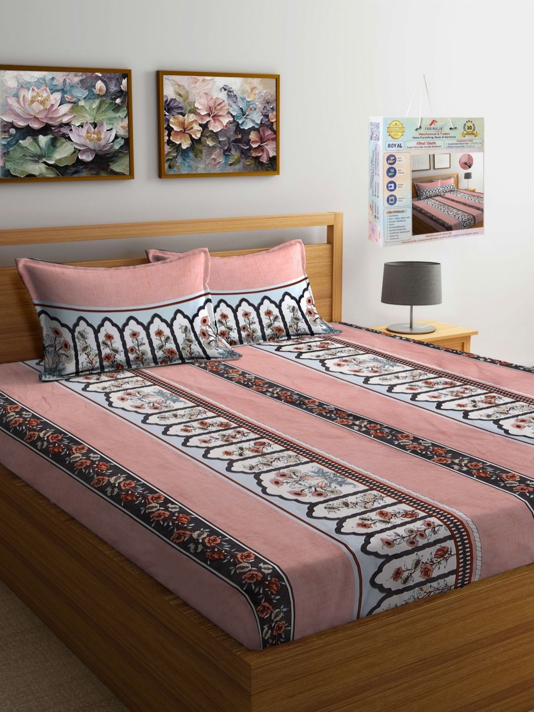 

FABINALIV Peach-Coloured Floral 300 TC Fitted King Bedsheet with 2 Pillow Covers-2.7mX2.7m