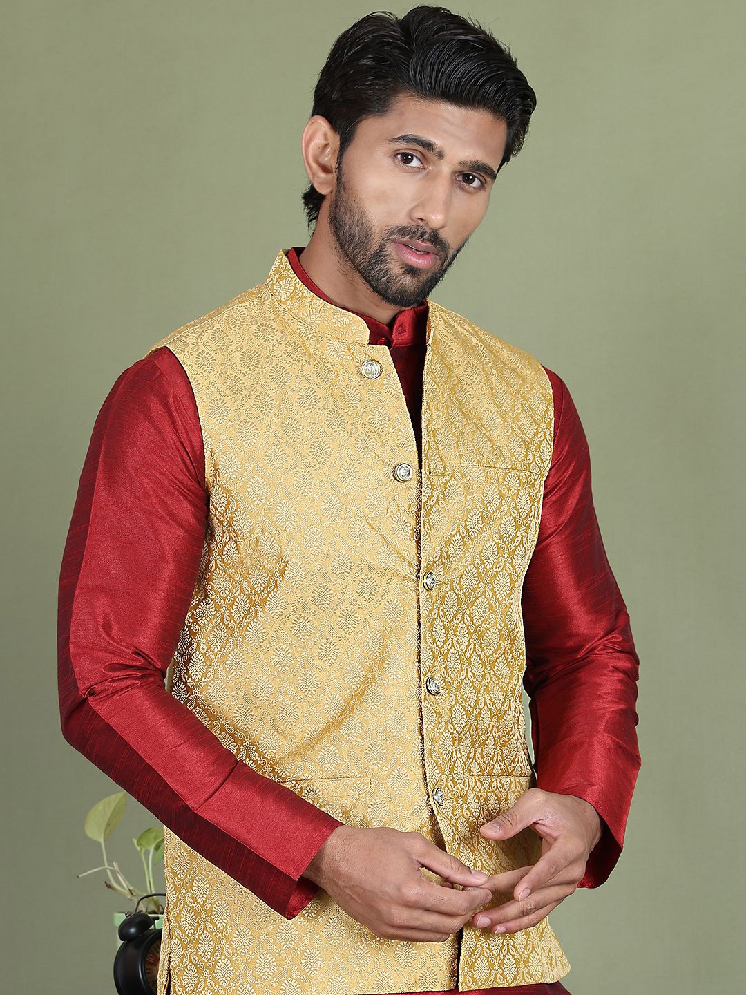 

Jompers Ethnic Motifs Printed Mandarin Collar Straight Kurta With Churidar & Nehru Jacket, Gold