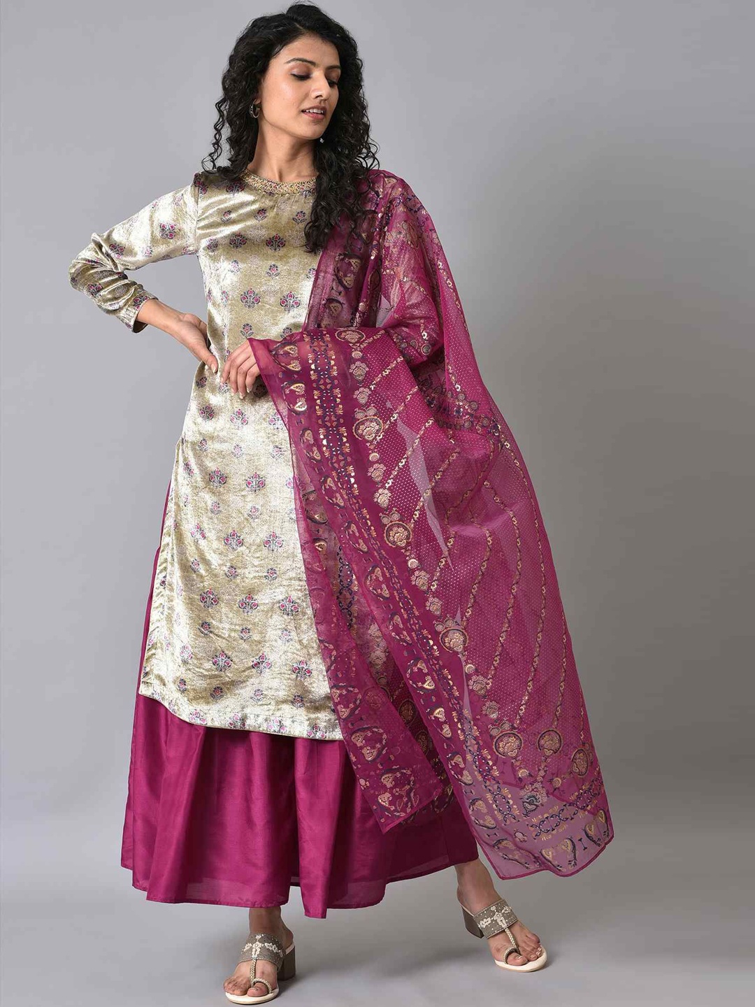 

WISHFUL Ethnic Motifs Printed Beards And Stones Straight Kurta with Sharara And Dupatta, Pink