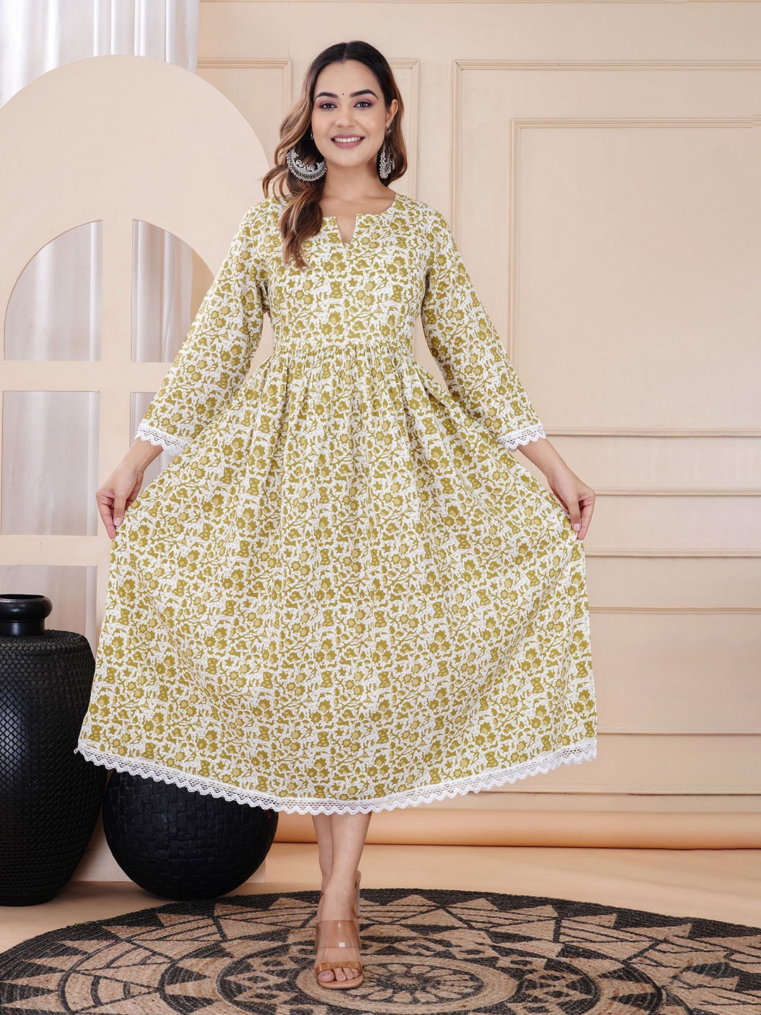 

FASHION MIRROR Floral Printed Fit and Flare Maternity Ethnic Dresses, Yellow