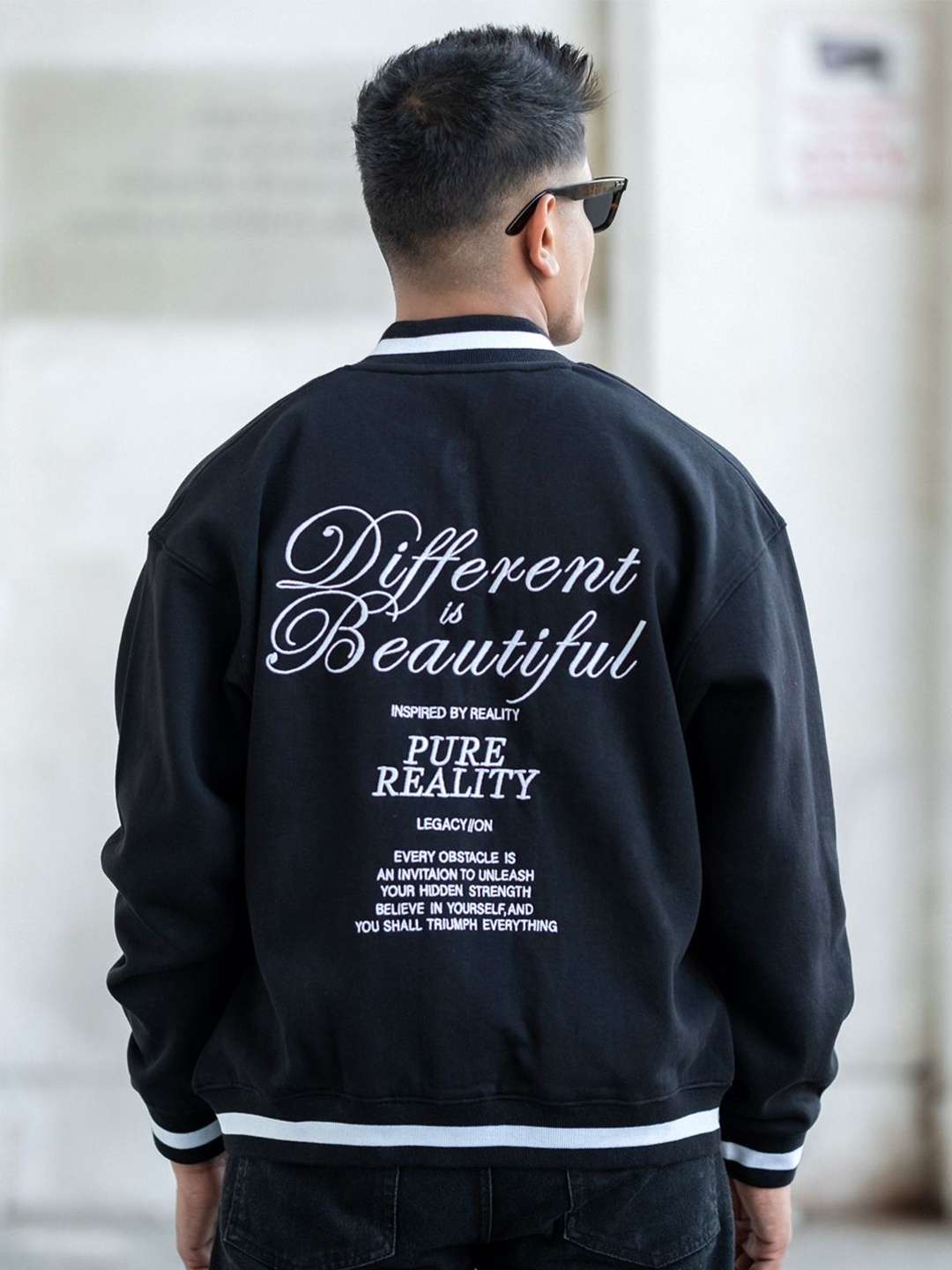 

Powerlook Men Stand Collar Typography Printed Cotton Casual Bomber Jacket, Blue