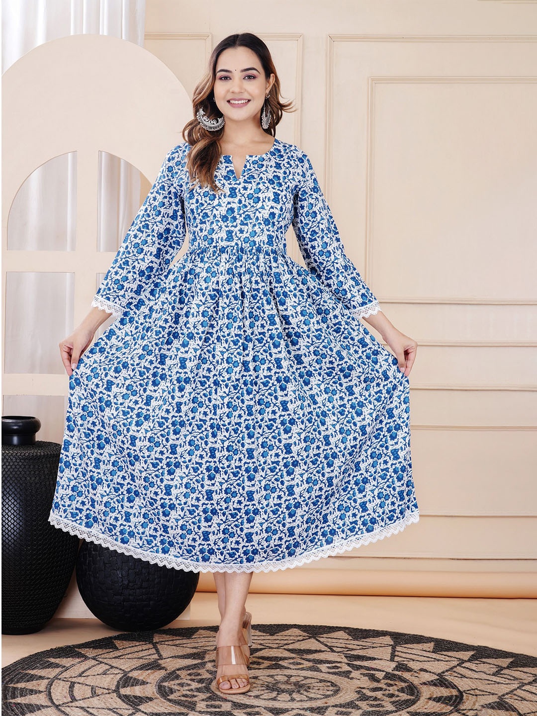 

FASHION MIRROR Floral Printed V-Neck Maternity Anarkali Kurti, Blue