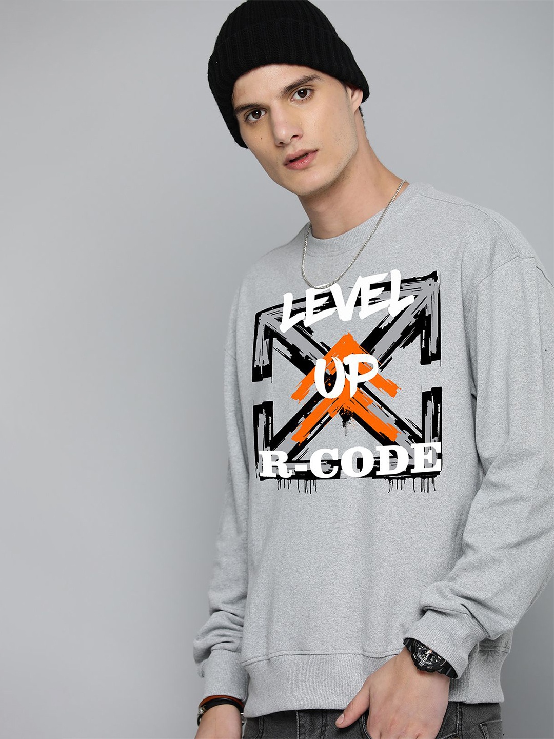 

R.Code by The Roadster Life Co. Men Oversized Printed Sweatshirt, Grey