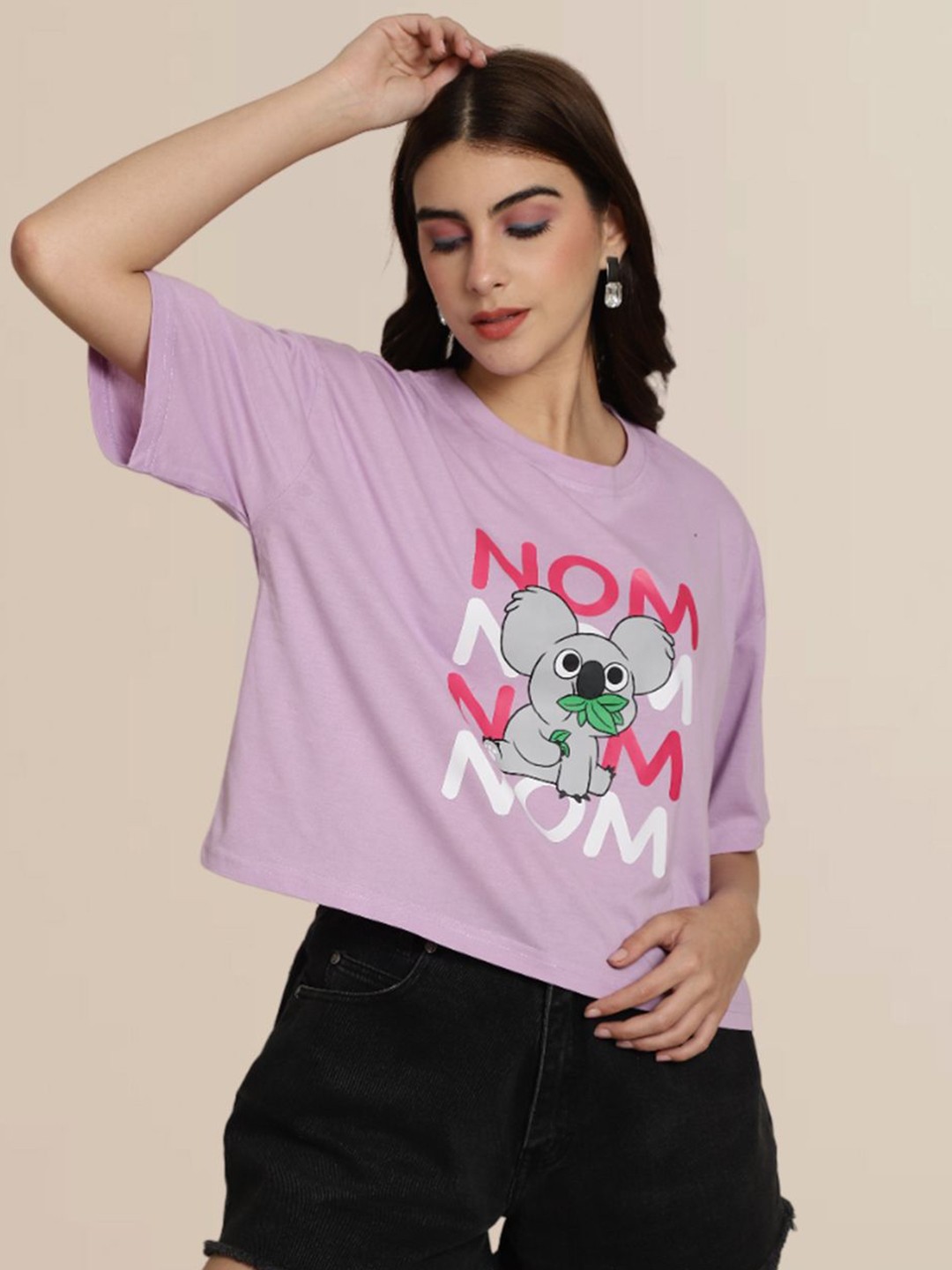

Dreambe Women Typography Printed Round Neck Cotton Oversized T-shirt, Lavender