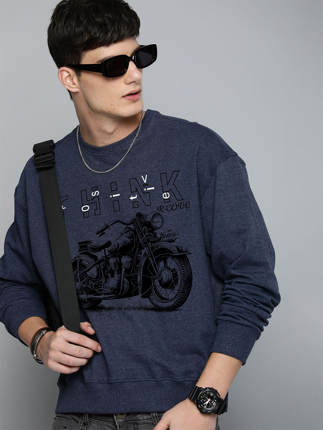 

R.Code by The Roadster Life Co. Men Oversized Printed Sweatshirt, Navy blue