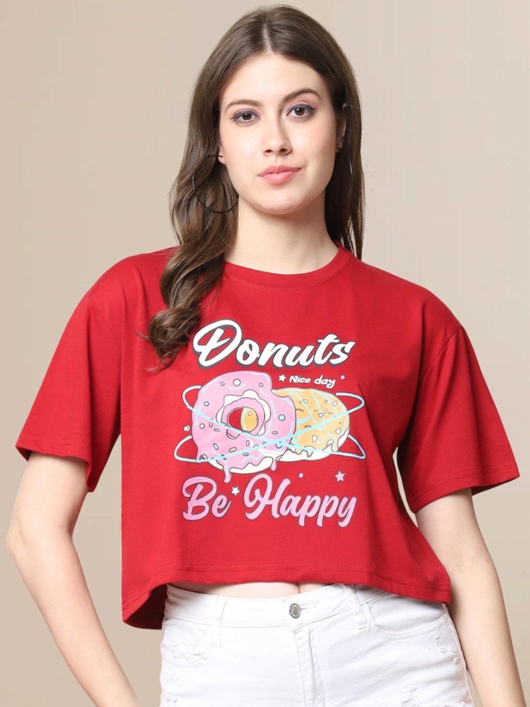 

Dreambe Women Typography Printed Round Neck Cotton Boxy T-shirt, Red
