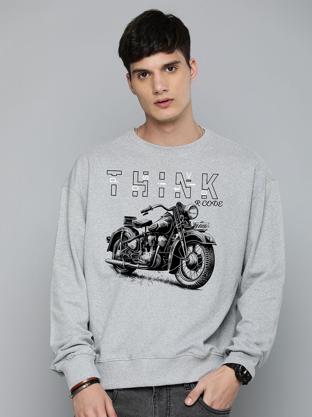 

R.Code by The Roadster Life Co. Men Oversized Printed Sweatshirt, Grey