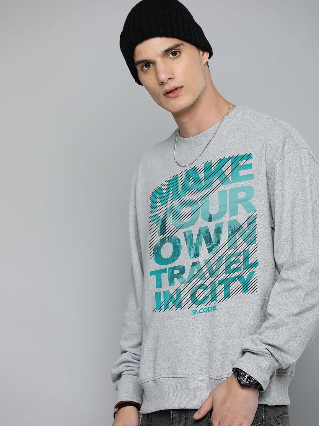 

R.Code by The Roadster Life Co. Men Oversized Printed Sweatshirt, Grey
