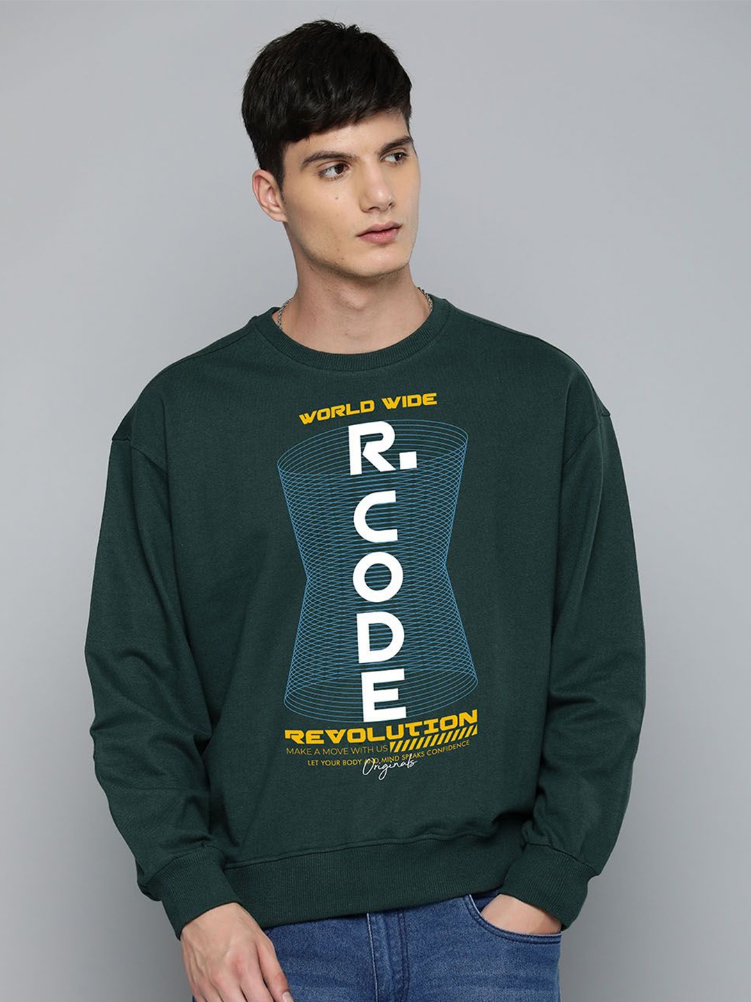 

R.Code by The Roadster Life Co. Men Oversized Printed Sweatshirt, Green