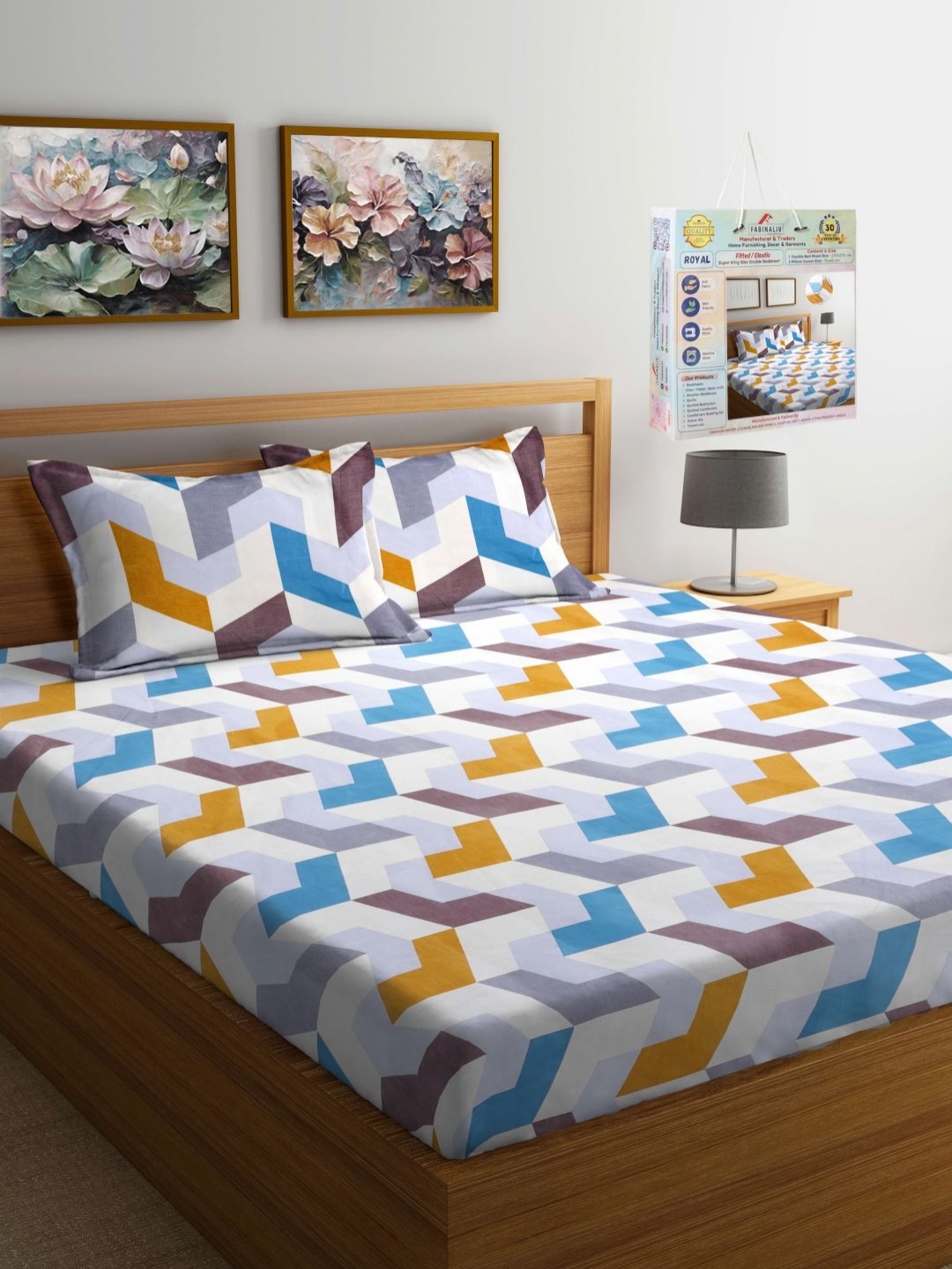 

FABINALIV White & Blue Geometric 300TC Fitted King Bedsheet with 2 Pillow Covers-2.7mX2.7m