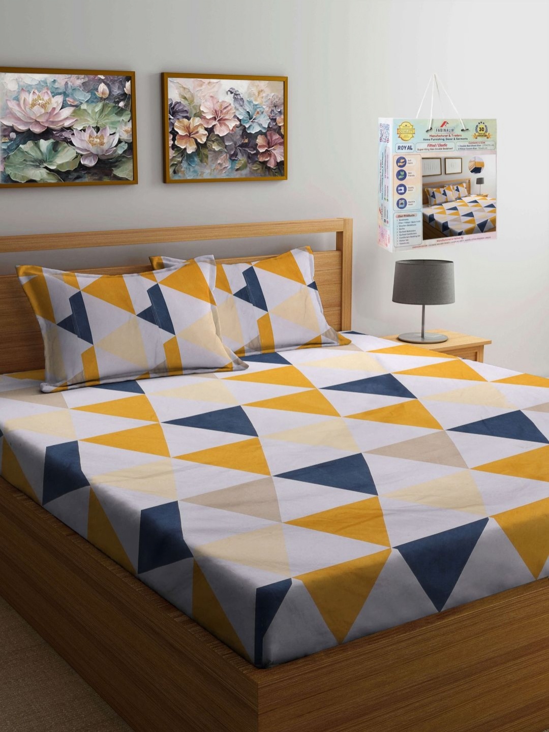 

FABINALIV White Geometric 300 TC Fitted Super King Bedsheet with 2 Pillow Covers-2.7mX2.7m