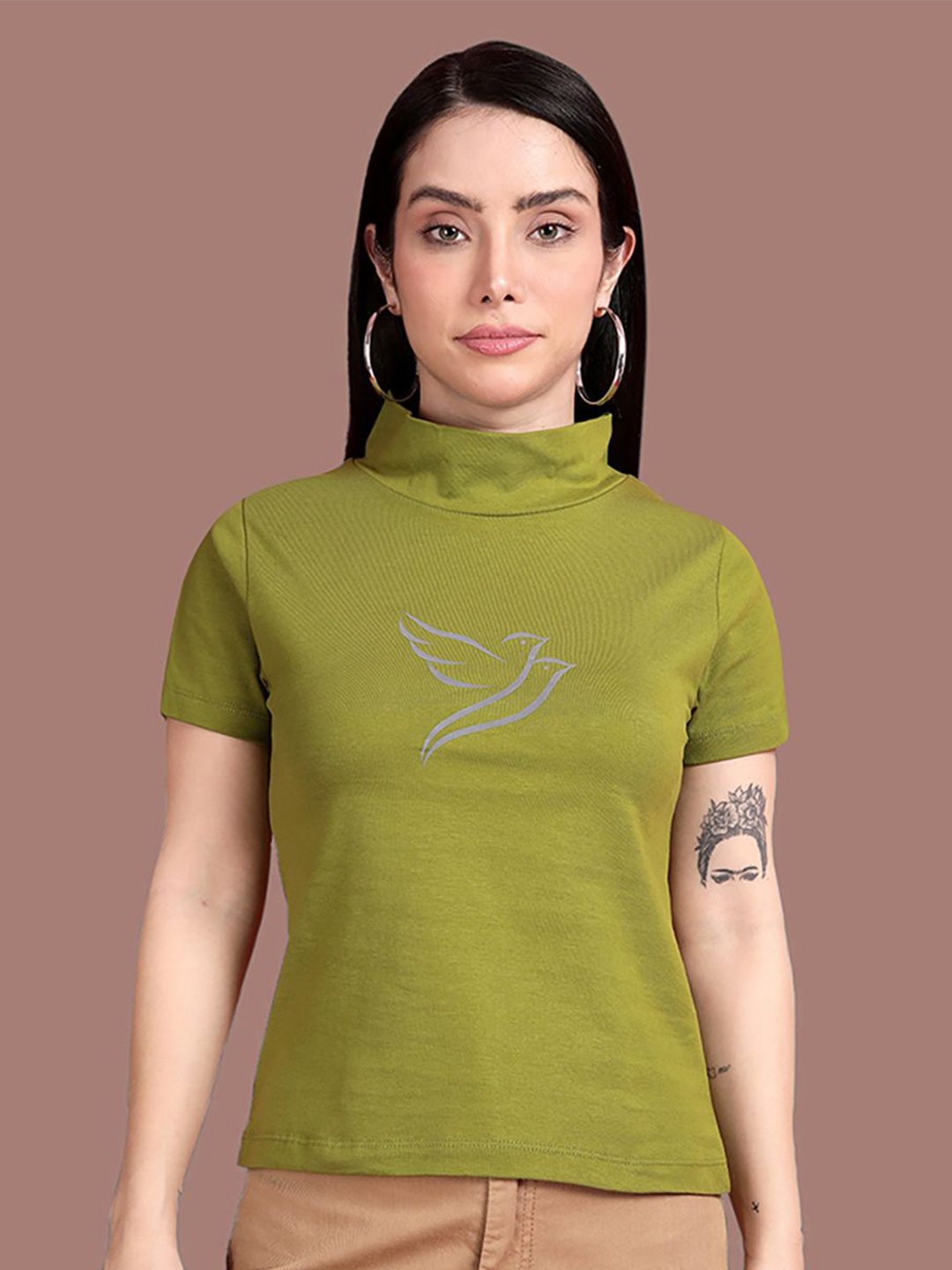 

TWIN BIRDS Women Graphic Printed High Neck Cotton T-shirt, Lime green