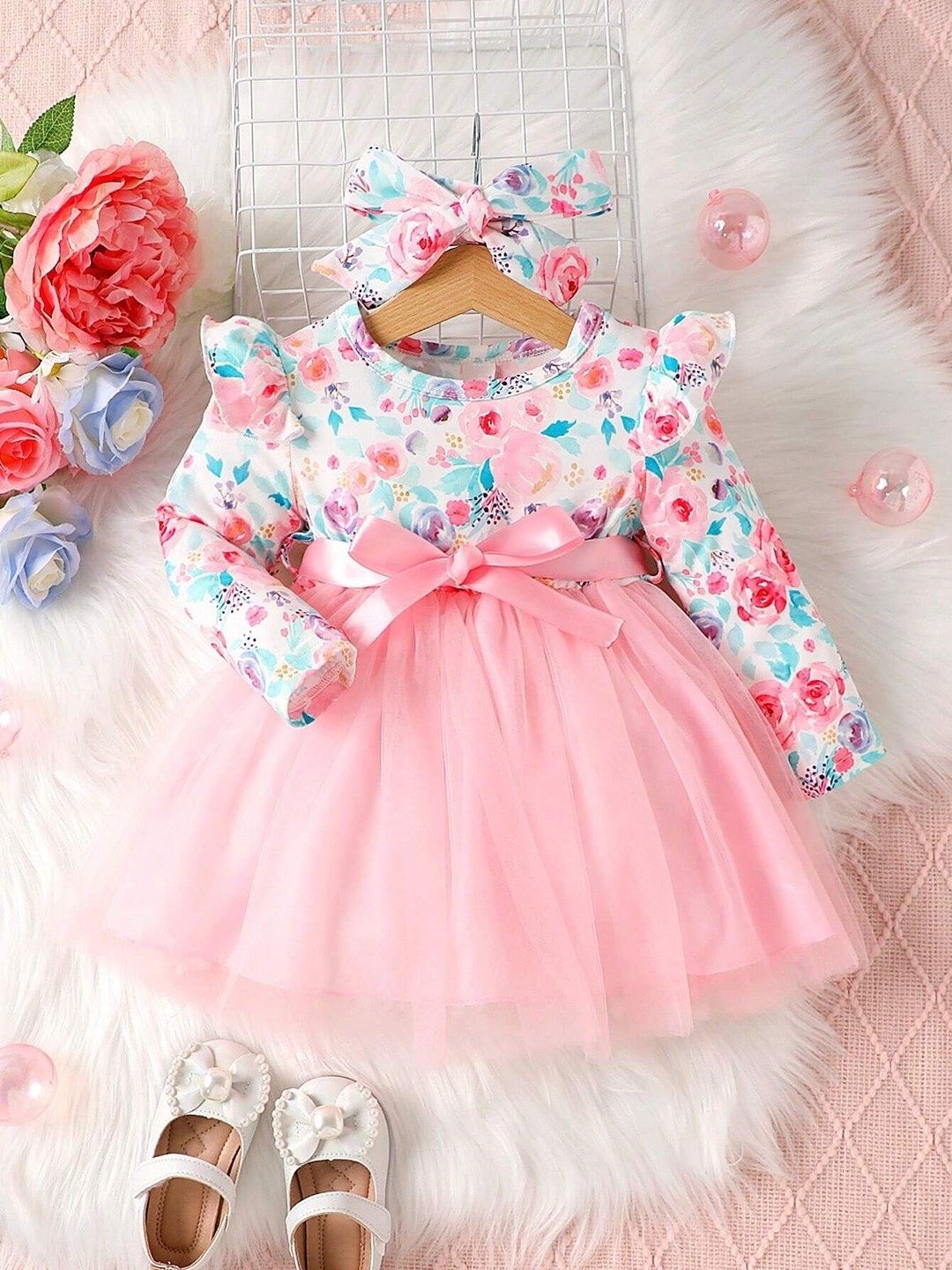 

Miss & Chief Girls Floral Print Net Fit And Flare Dress With Bow, Pink